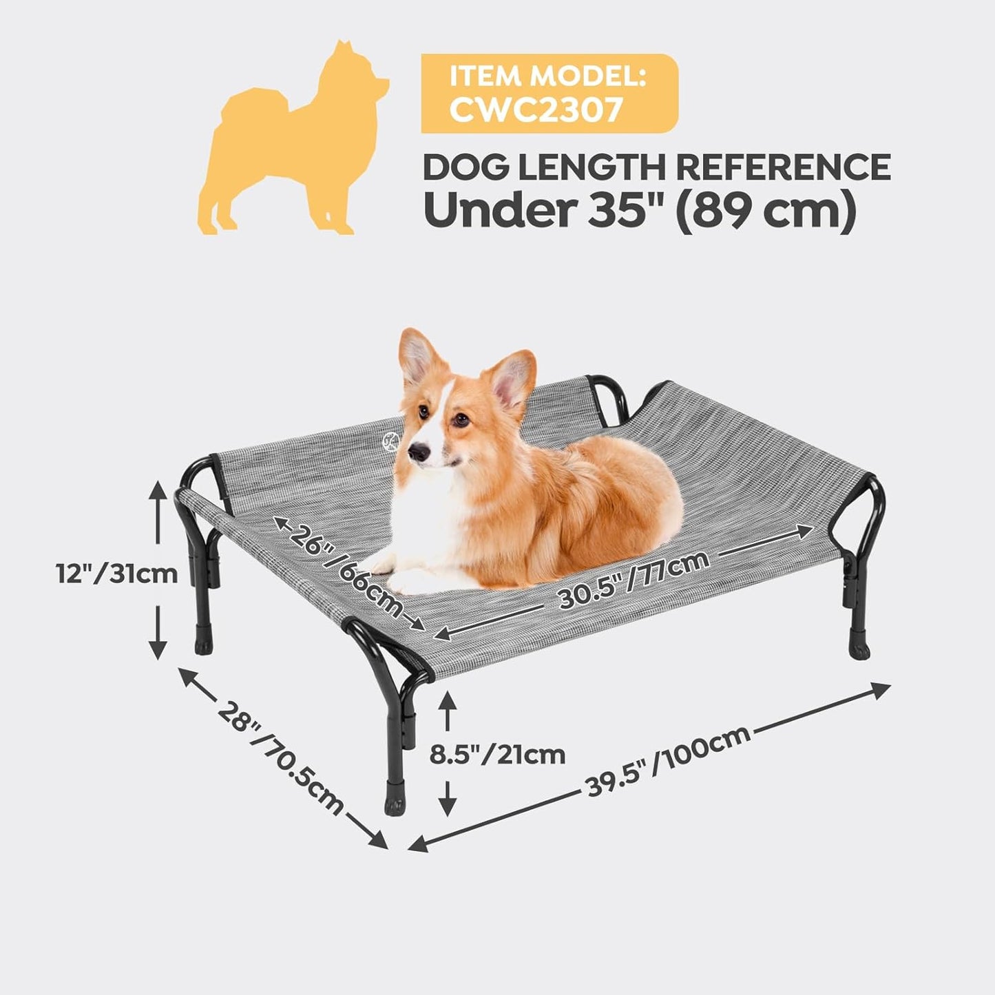 Veehoo Cooling Elevated Dog Bed, Raised Pet Cot with Guardrail & Slope Headrest, Durable Breathable Teslin Mesh, Non-Slip Feet, Washable Dog Couch Bed for Indoor & Outdoor, 39.5" x 28", Black Silver