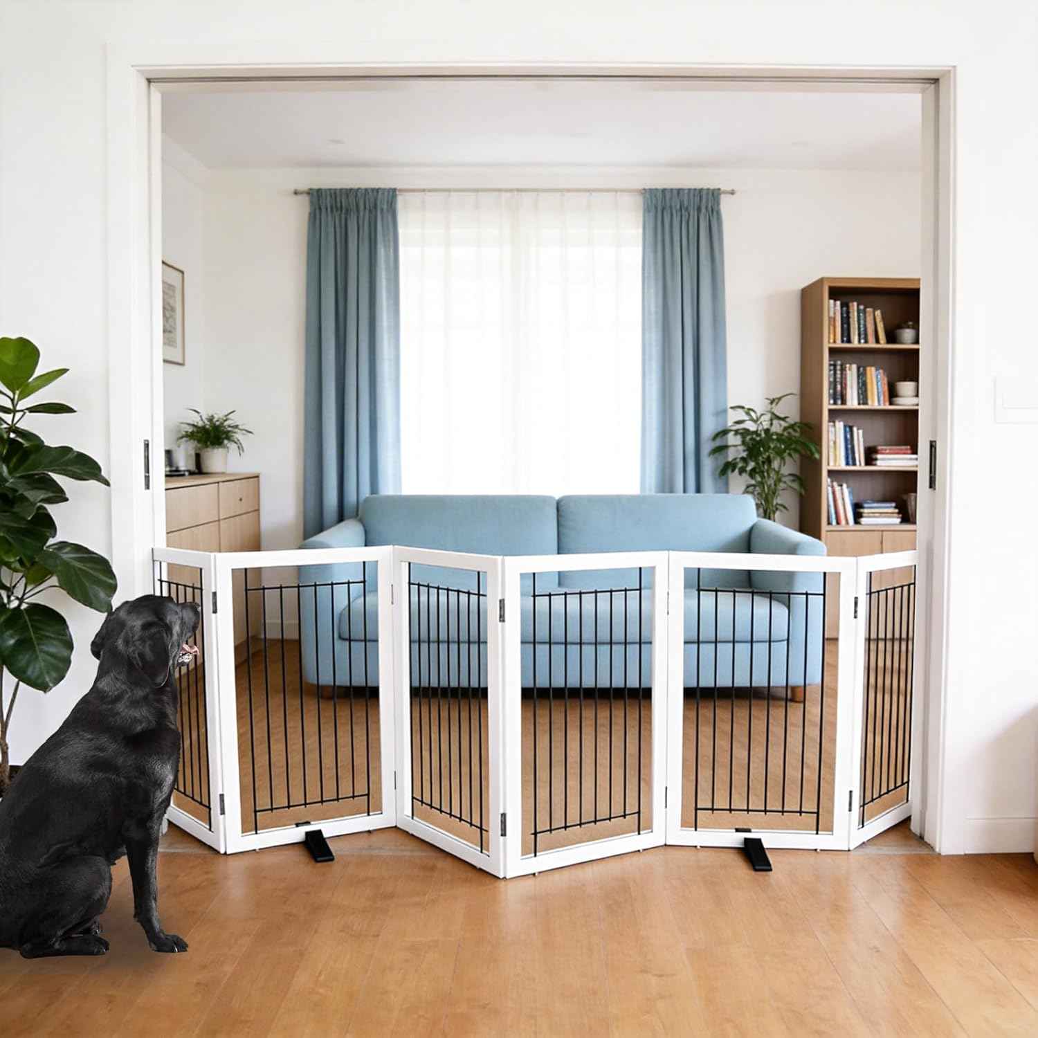 ZJSF Freestanding Dog Gate Indoor, Foldable Dog Fence for Doorways,Hallways or Stairs, Sturdy Wood Extra Wide Pet Gate with Support Feet,White,32 "Height-6 Panels