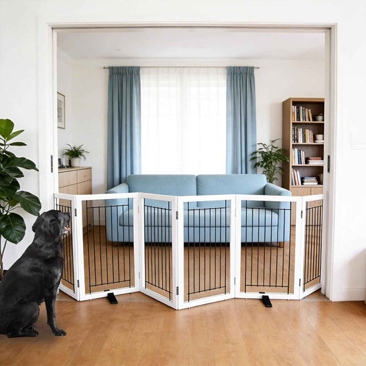 ZJSF Freestanding Dog Gate Indoor, Foldable Dog Fence for Doorways,Hallways or Stairs, Sturdy Wood Extra Wide Pet Gate with Support Feet,White,32 "Height-6 Panels