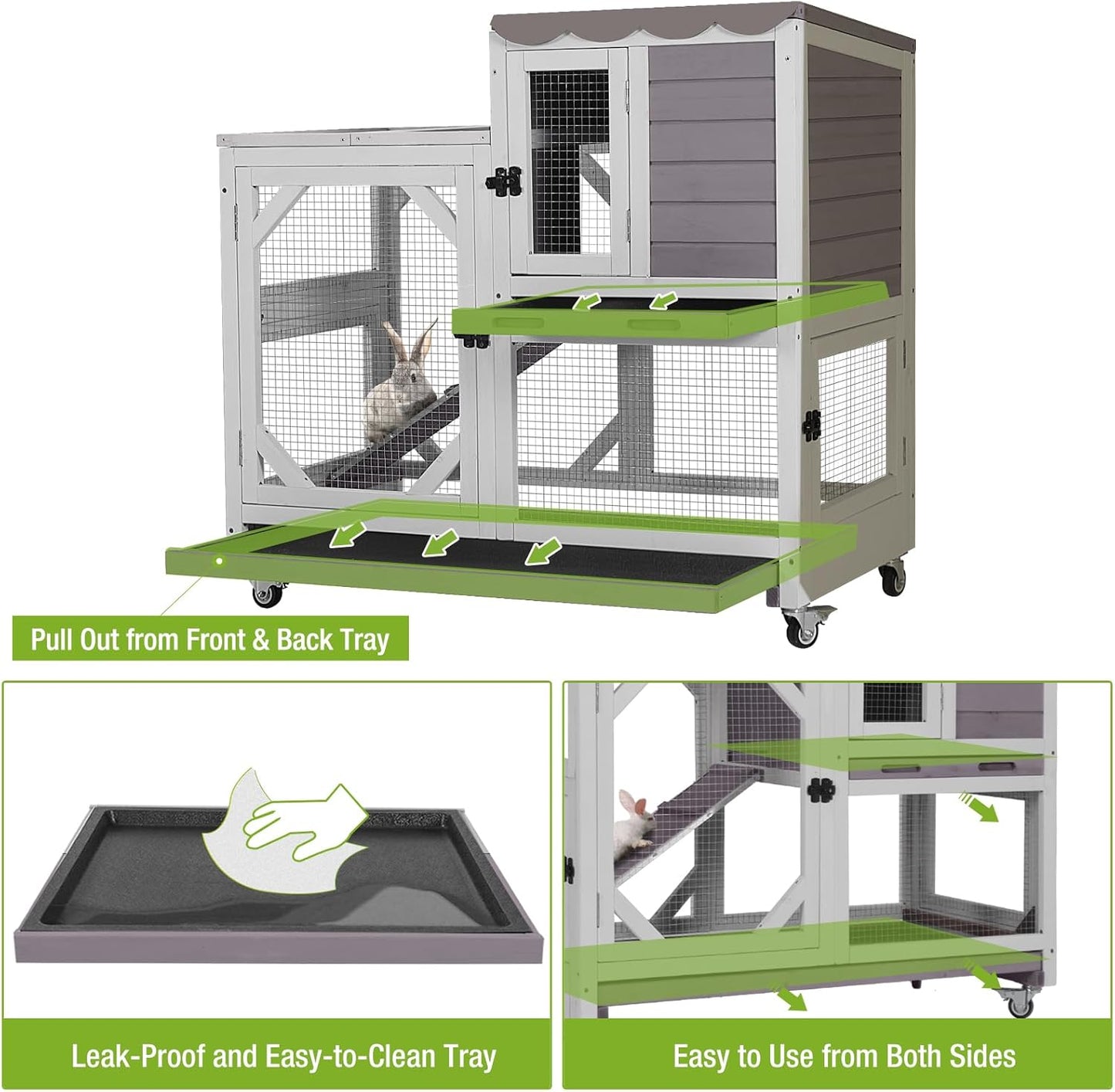 2-Story Rabbit Hutch Indoor Bunny Cage Outdoor Guinea Pig House with Chew-Proof Ramp, Leak-Proof Tray, Lockable Wheels for Rabbits, Guinea Pigs, Small Animals (Grey)