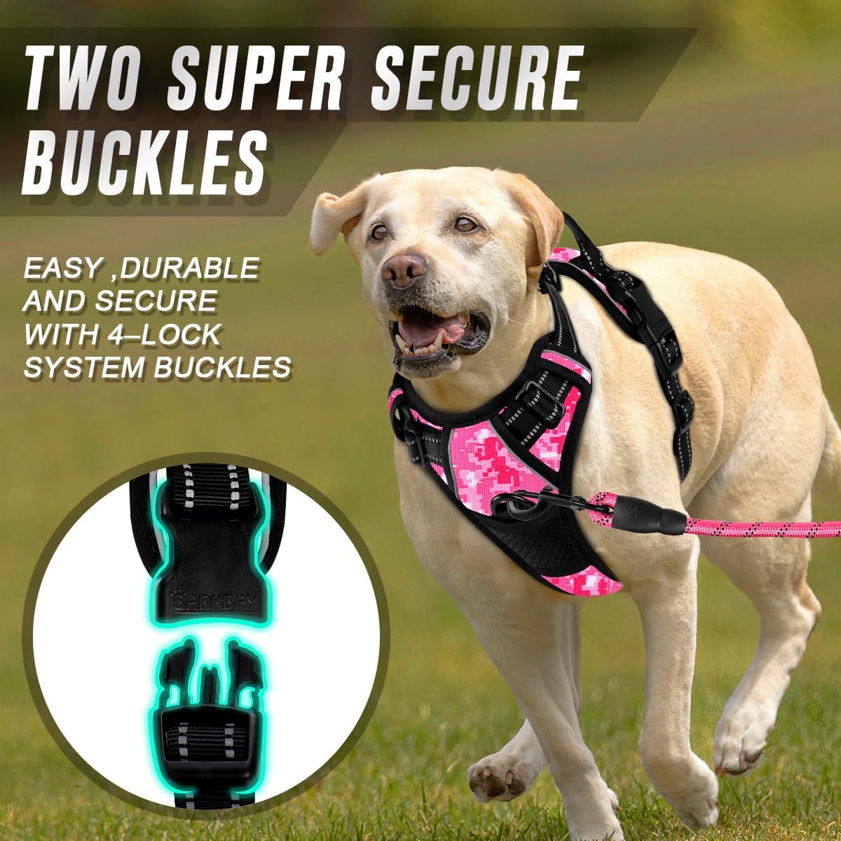 BARKBAY No Pull Dog Harness Front Clip Heavy Duty Reflective Easy Control Handle for Large Dog Walking(Pink camo,S)
