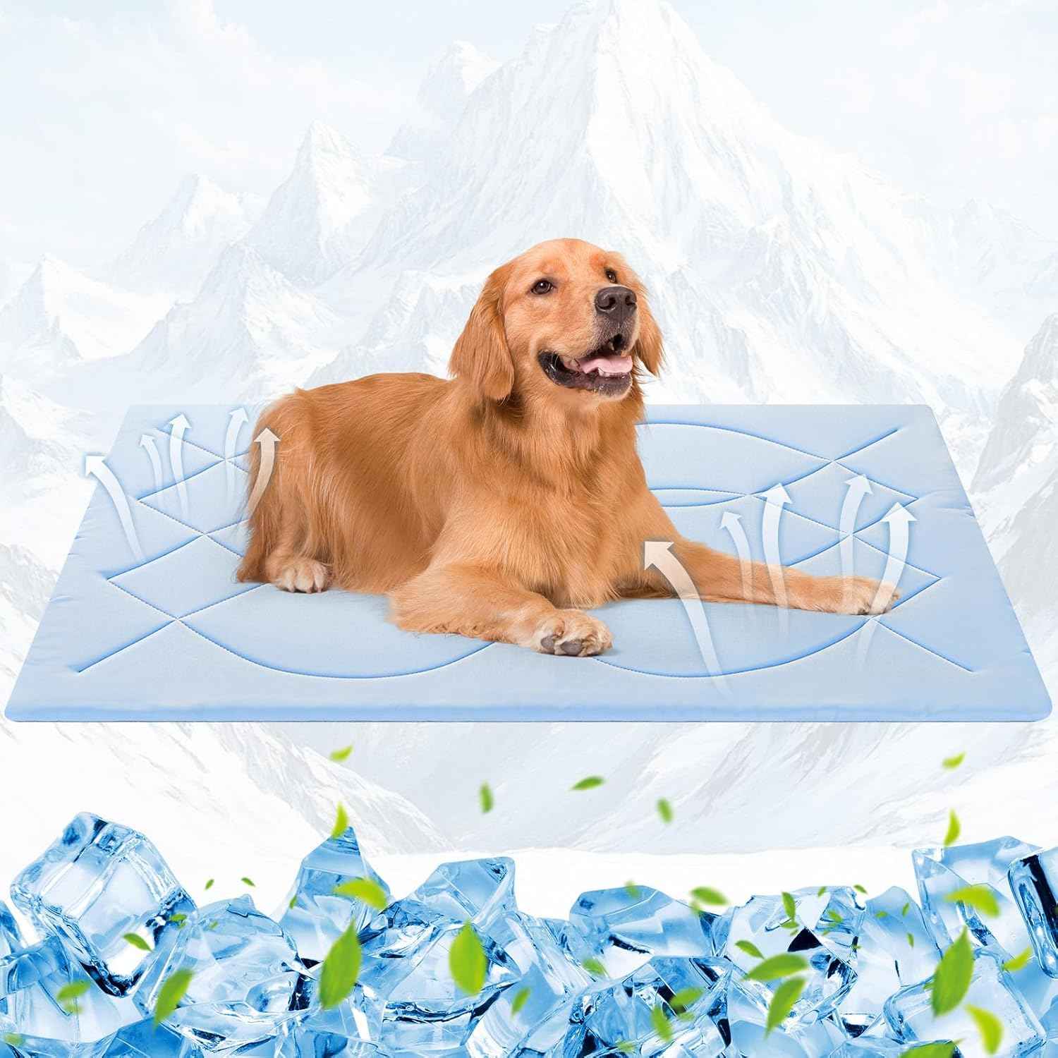 Dog Cooling Mat, 48'' × 28'' Large, Q-Max>0.4 Self-Cooling Mat for Dog Reversible (Cool & Warm), Double-Sided Pet Cool Pads for Summer, Crate, Kennel, Machine Washable, Non-Gel, Blue+Grey