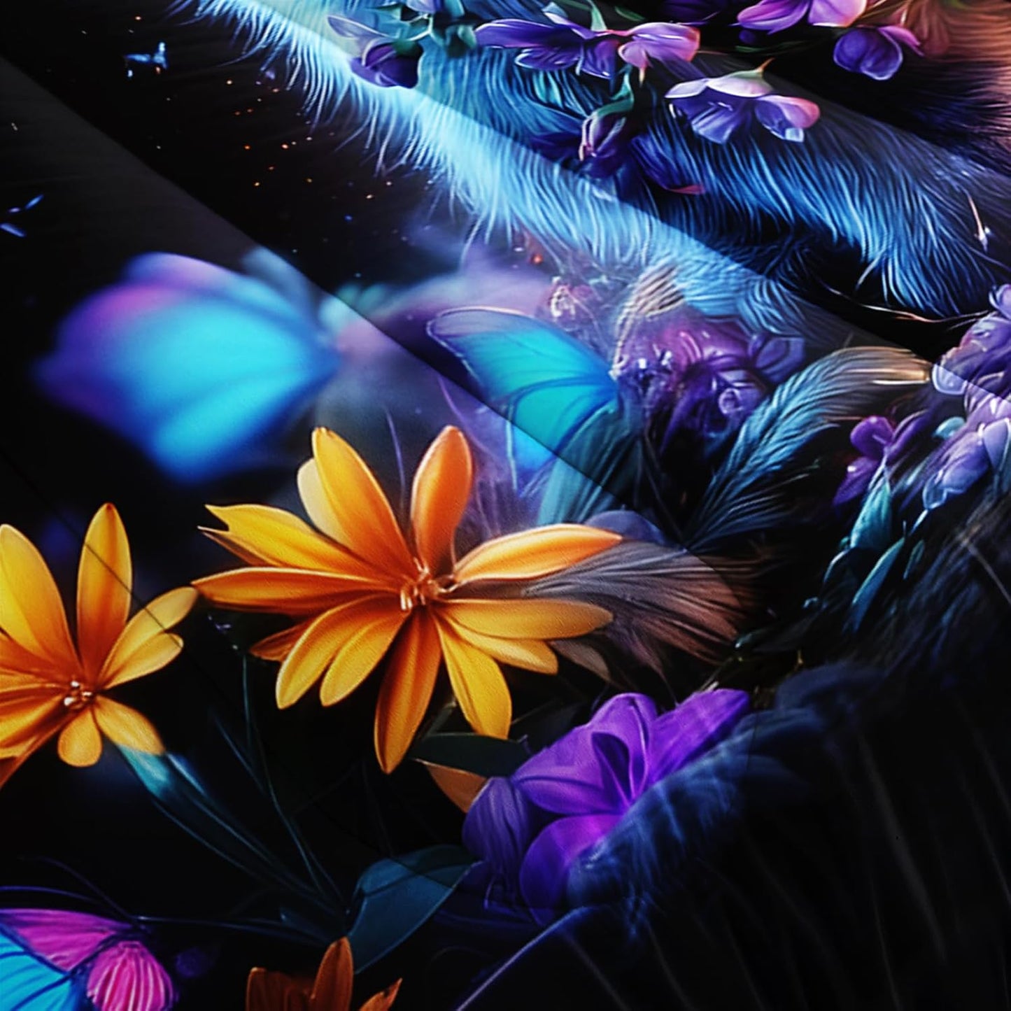 Blue Cat Themed Comforter 3Pcs Twin Mysterious Animal Pet Cat Kitten Butterfly Bedding Set for Kid Teen Girl Boy Adult Dreamy Aesthetics Floral Quilt Bed Decor with 1 Comforter & 2 Pillowcases