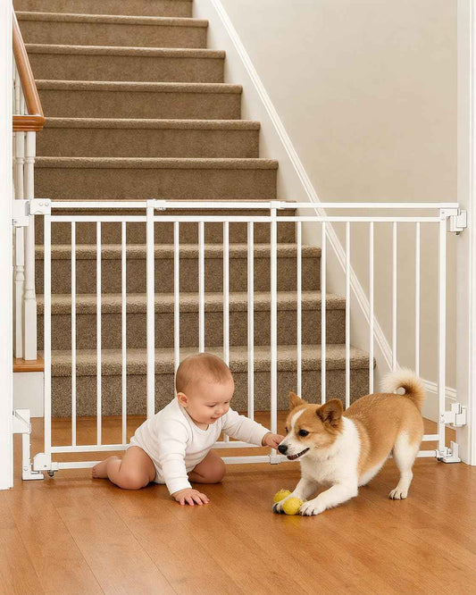 Baby Gate for Stairs, Doorways & Hallways with Auto Close – 32"-54" W x 29" H, Extra-Wide Walk Thru and No Bottom Bar for Easy Access, Adjustable Safety Gate for Dogs & Toddlers, White