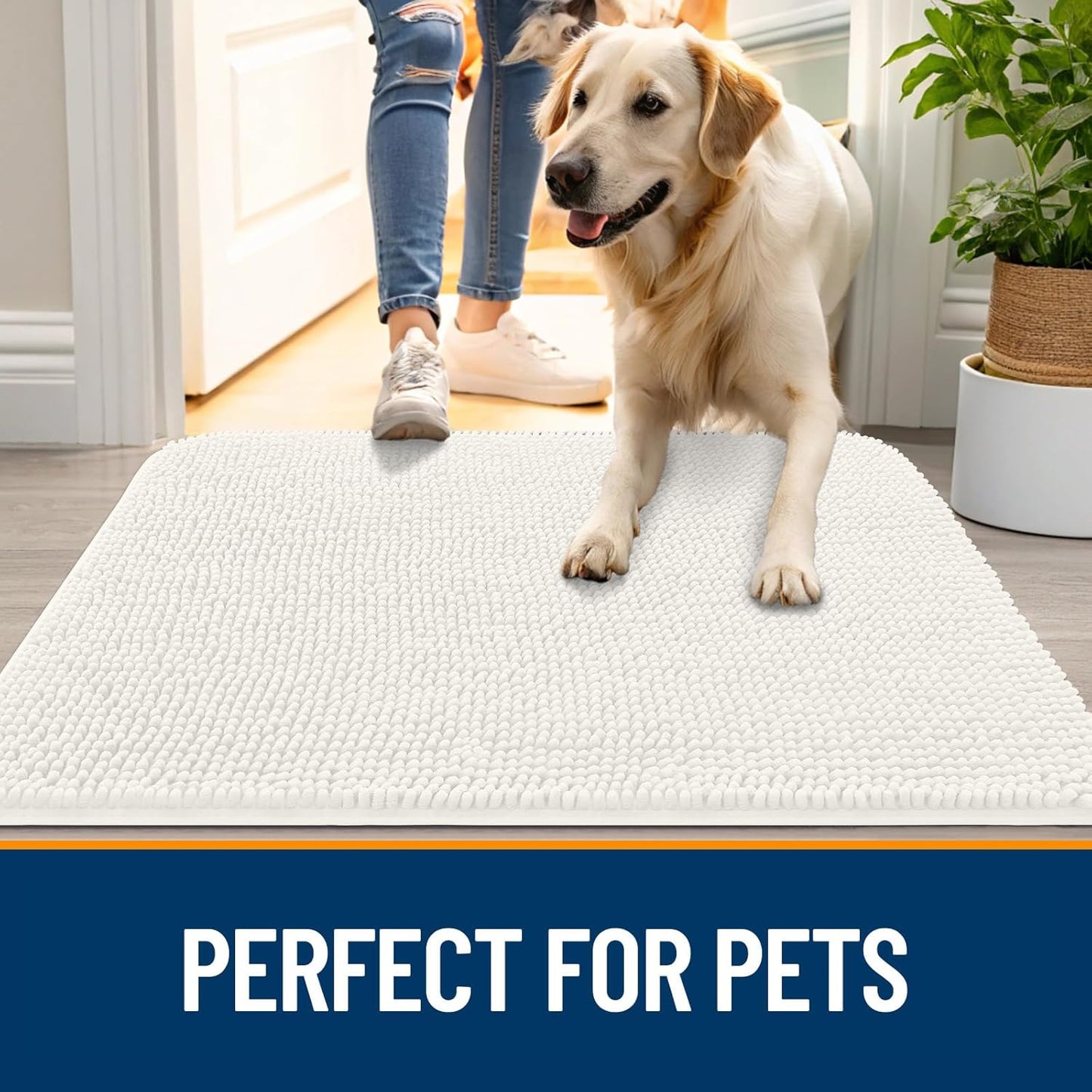 OLANLY Dog Door Mat for Muddy Paws 47x24, Absorbs Moisture and Dirt, Absorbent Non-Slip Washable Doormat, Quick Dry Chenille Mud Mat for Dogs, Entry Indoor Entryway Carpet for Inside Floor, Ivory