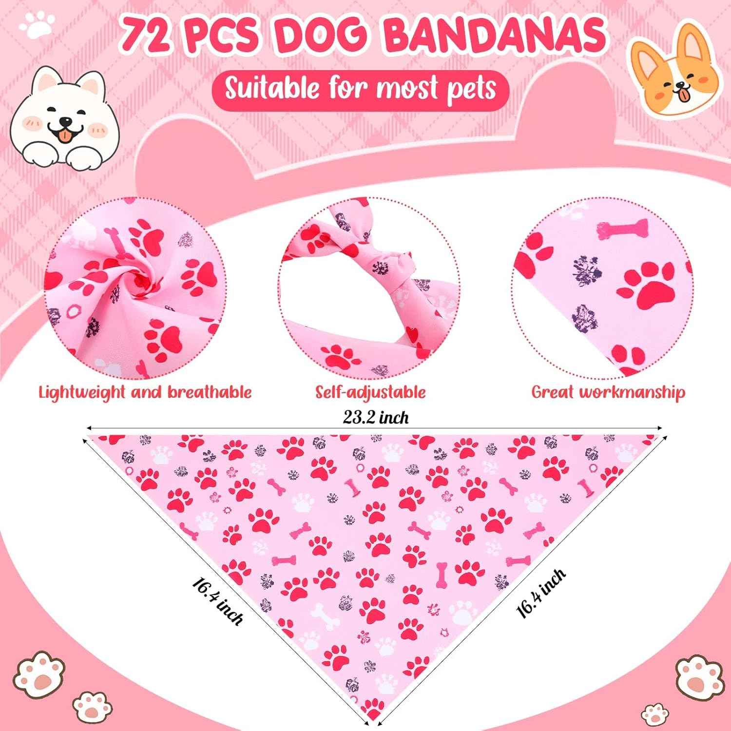 Hillban 72 Pcs Paw Dog Bandanas Bulk, Colorful Triangle Scarf Paw Pattern Pet Scarf Soft Cute Dogs Triangle Scarves Bone Dog Bandana Bibs for Pet Party Costume Photo Props, Small and Medium Pets