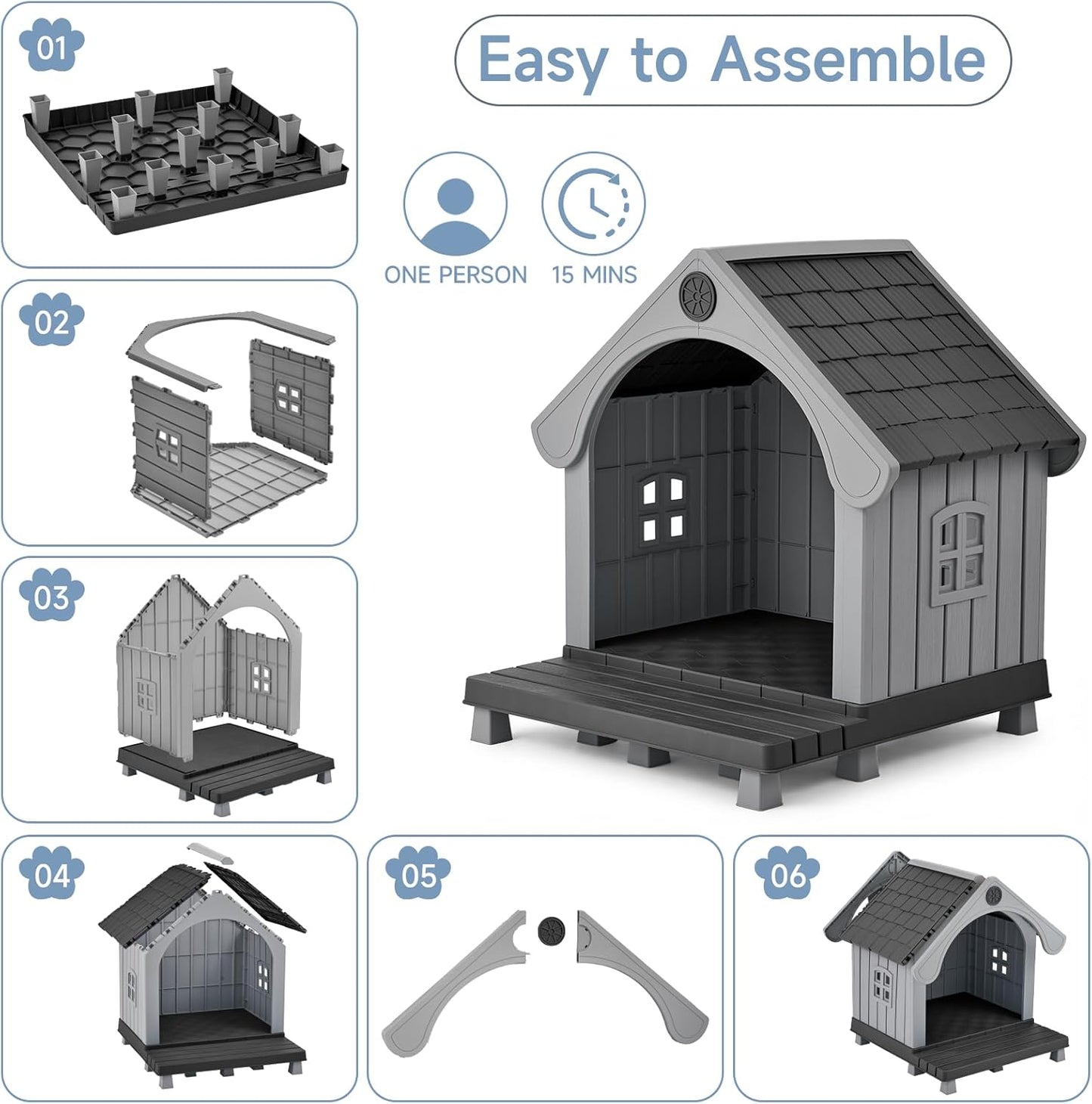 Dog House Outdoor Indoor Waterproof, Plastic Large Dog House with Elevated Floor and Air Vents, Sturdy Puppy Shelter for Large Medium Dog, Easy to Assemble, (Black 38×37×33 Inches)