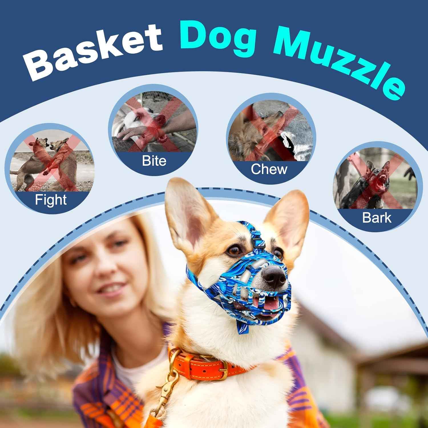 Dog Muzzle to Prevent Biting, Basket Muzzles for Large Medium Small Dogs Allows Panting Drinking Anti Chewing, Perfect for Grooming Trimming Training and Aggressive Reactive Dogss (Blue, Size 3)