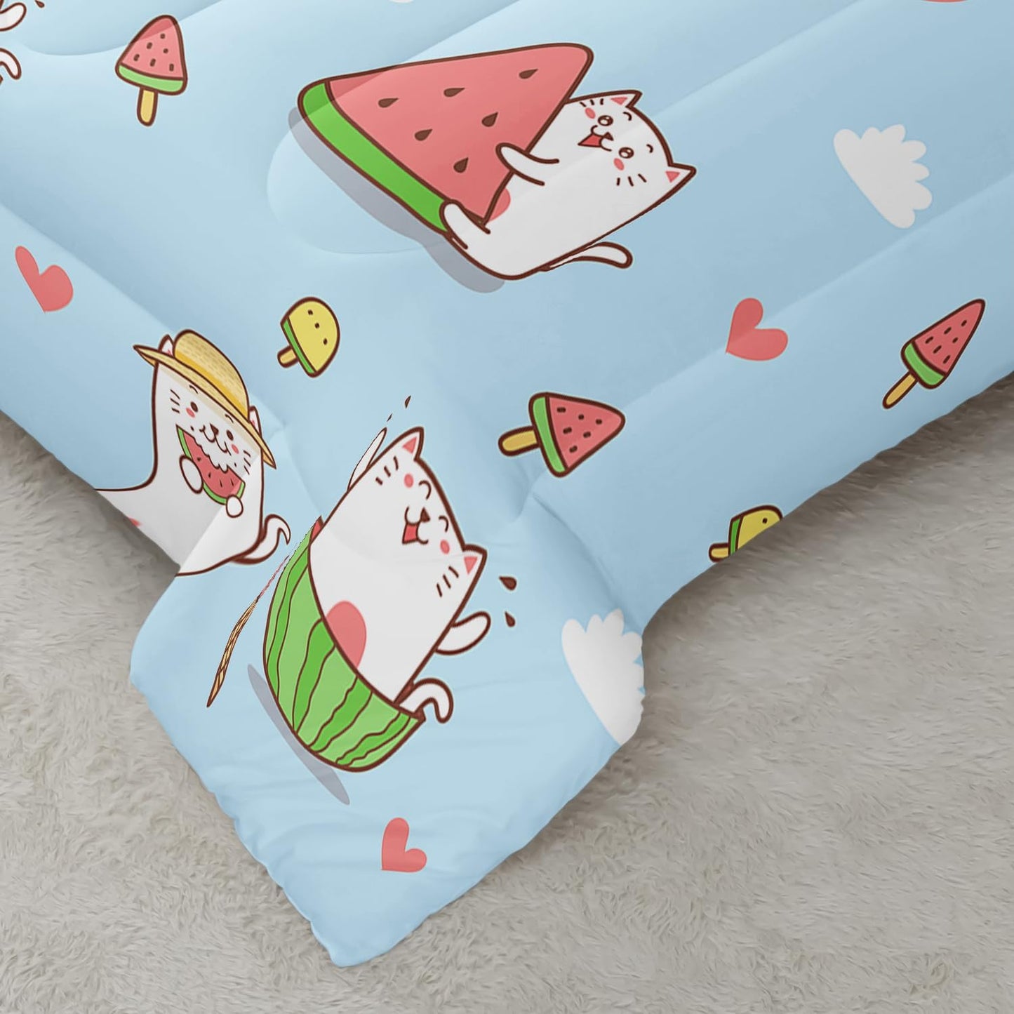 Kid Cartoon Cat Comforter 3Pcs Full Cute Kitten Ice-Cream Heart Bedding Kawaii Pet Cat Bedding Set for Teen Boy Girl Adult Cloud Watermelon Quilt Bed Decor with 1 Comforter and 2 Pillowcases