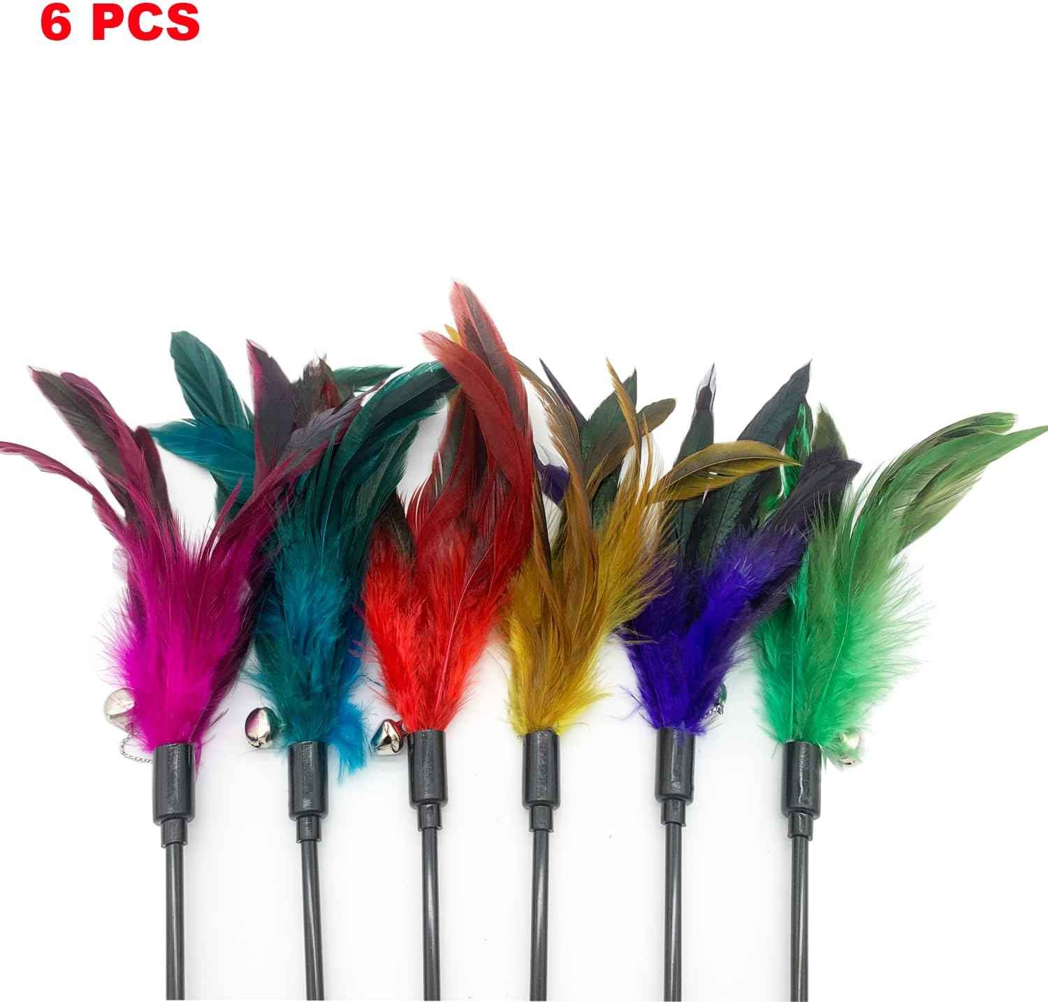 Cat Wand Toy Feather Stick Cat Toys, 6 Pieces Interactive Cat Toy Feathers Wand for Indoor Cats (A)