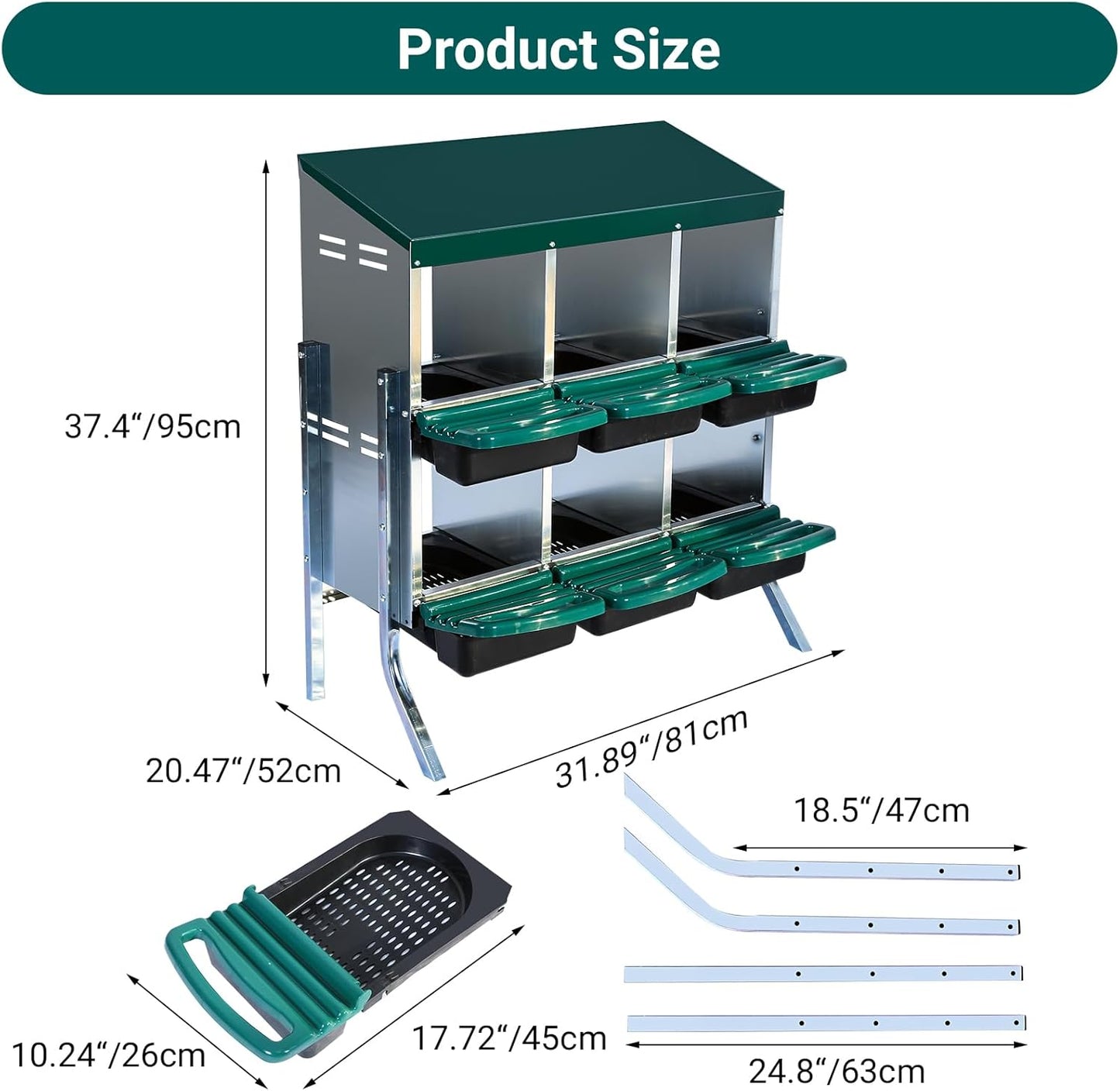 Garvee Chicken Nesting Boxes, 6 Hole Metal Chicken Laying Box with Removable Trays and Roll Out Egg Collection for Chicken Coop, Green, with Metal Legs