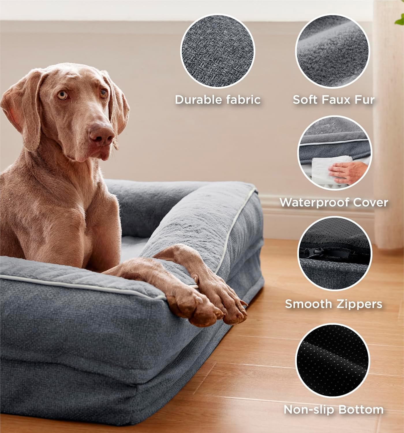 MADE 4 PETS Orthopedic Dog Bed for Large Dogs, Supportive Foam Big Large Pet Bed Sofa with Washable Removable Cover, Waterproof Dog Couch Bed, Non-Slip Bottom and Egg-Crate Foam, Grey