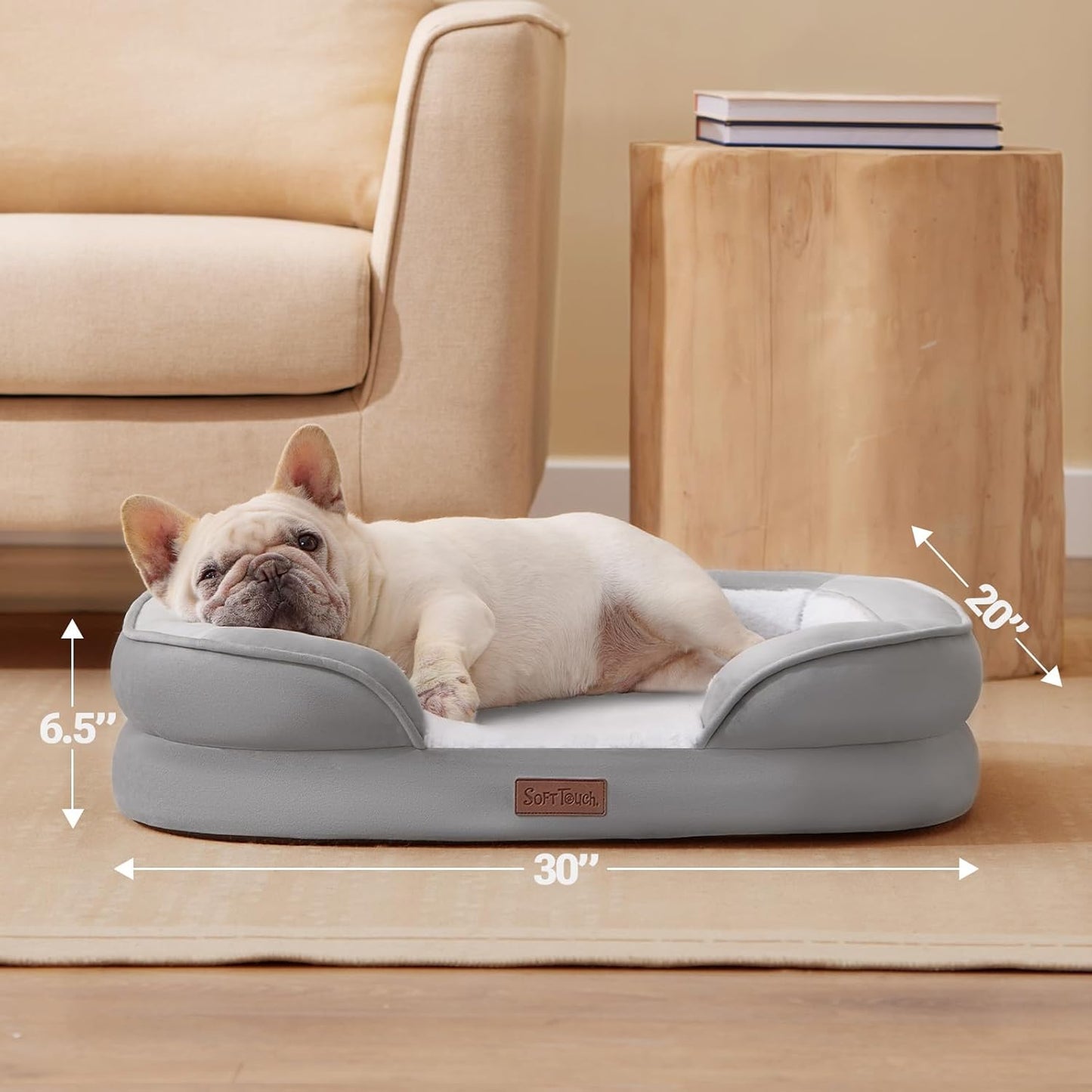 Soft Touch Orthopedic Dog Bed for Medium Dogs with Faux Fur Top, Waterproof Pet Couch Bed with Removable Washable Cover and Supportive Foam Filling (Grey, Medium)