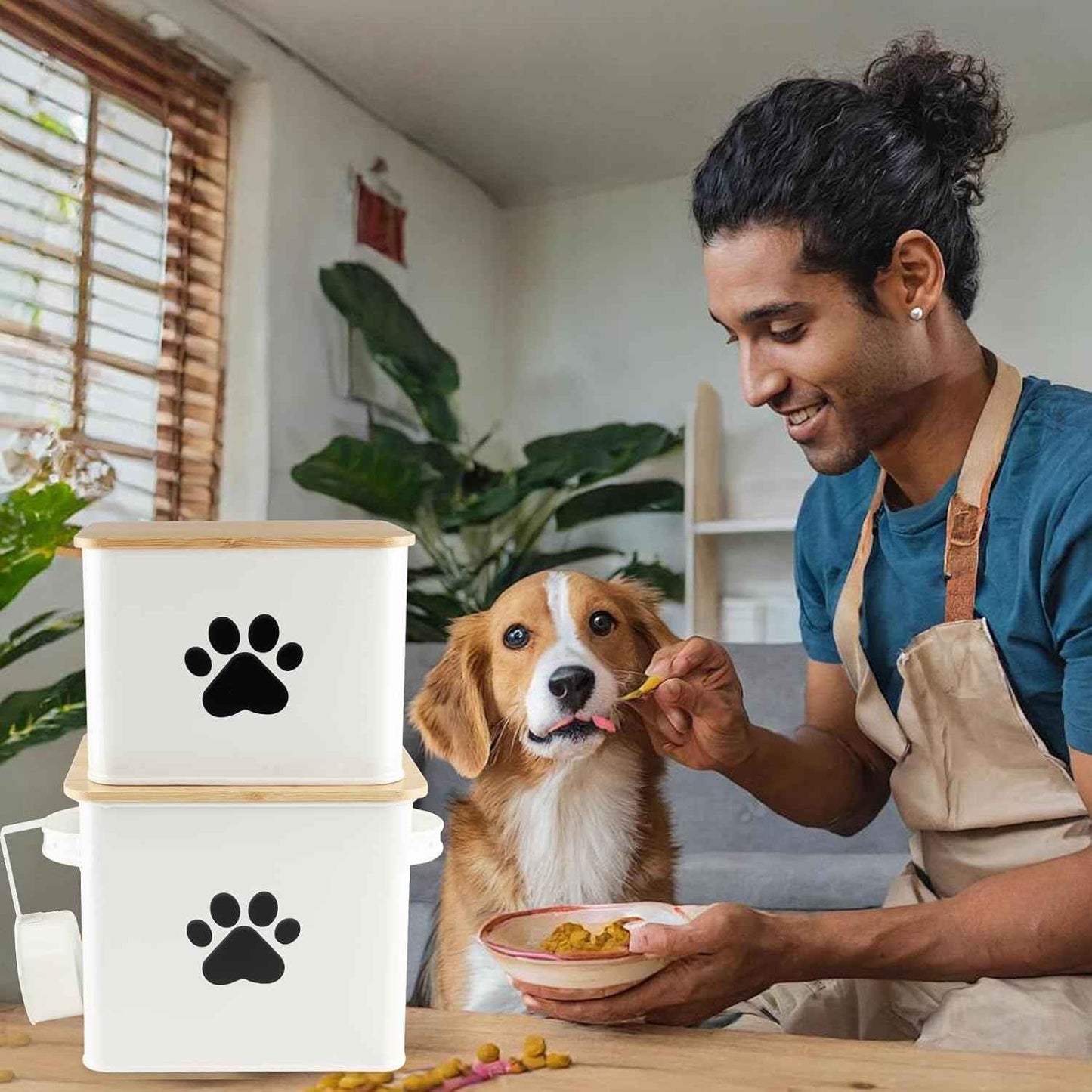 Dog Food Storage Container, 2 Metal Buckets with Bamboo Lids Dog Treat Container for Kitchen Countertop & Pantry Organization, Airtight Pet Food Canister Bin for Small Pets & Farmhouse Decor