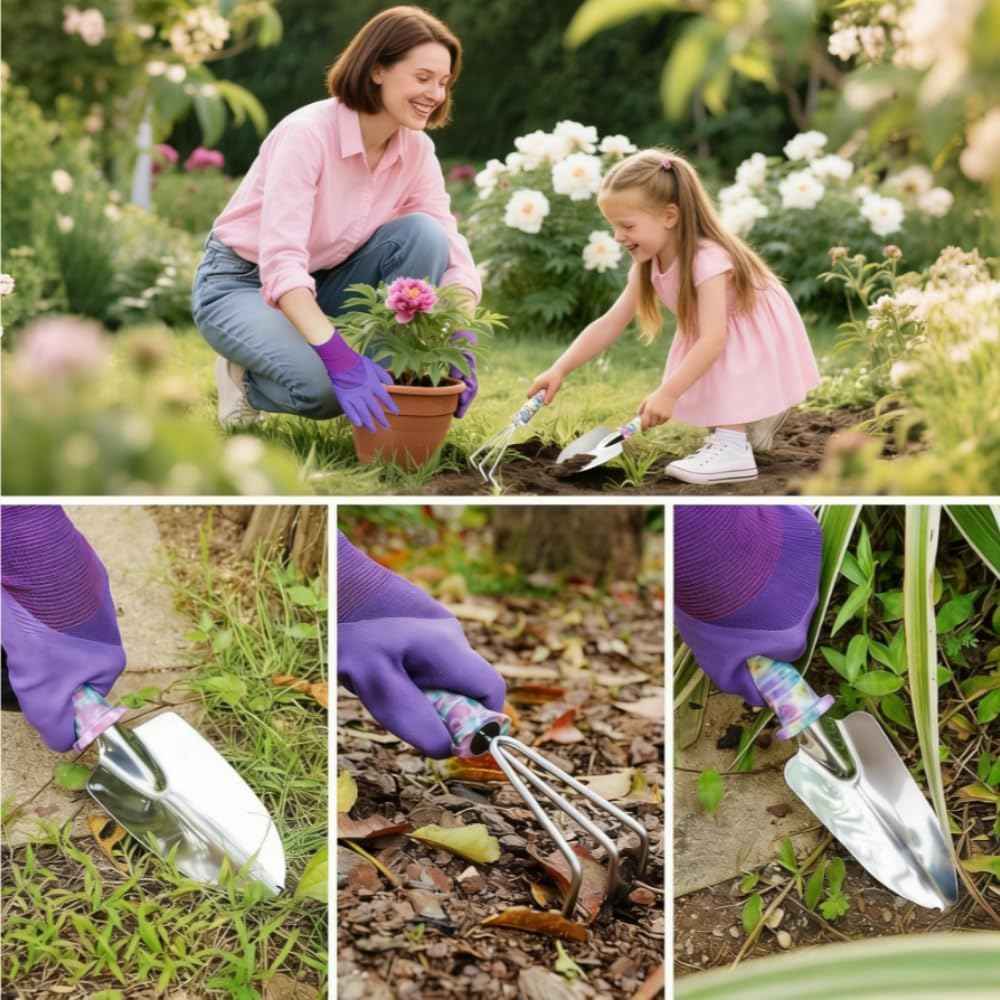 Garden Tool Set Floral Print Stainless Steel Heavy Duty Gardening Tools, Trowel Rake Weeder Pruner Shears Sprayer Gloves&Carrying Case, Ideal Gardening Gifts for Women Father(Purple 5-Piece Set)