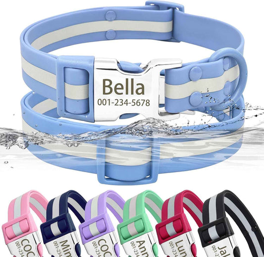 Personalized Waterproof & Reflective Dog Collar with Name Plate,Custom Easy Clean PVC Dog Collar with Buckle Engraved ID Name and Number (S(Width:3/5'', Fit 10.5''-16.5''),Light Blue)