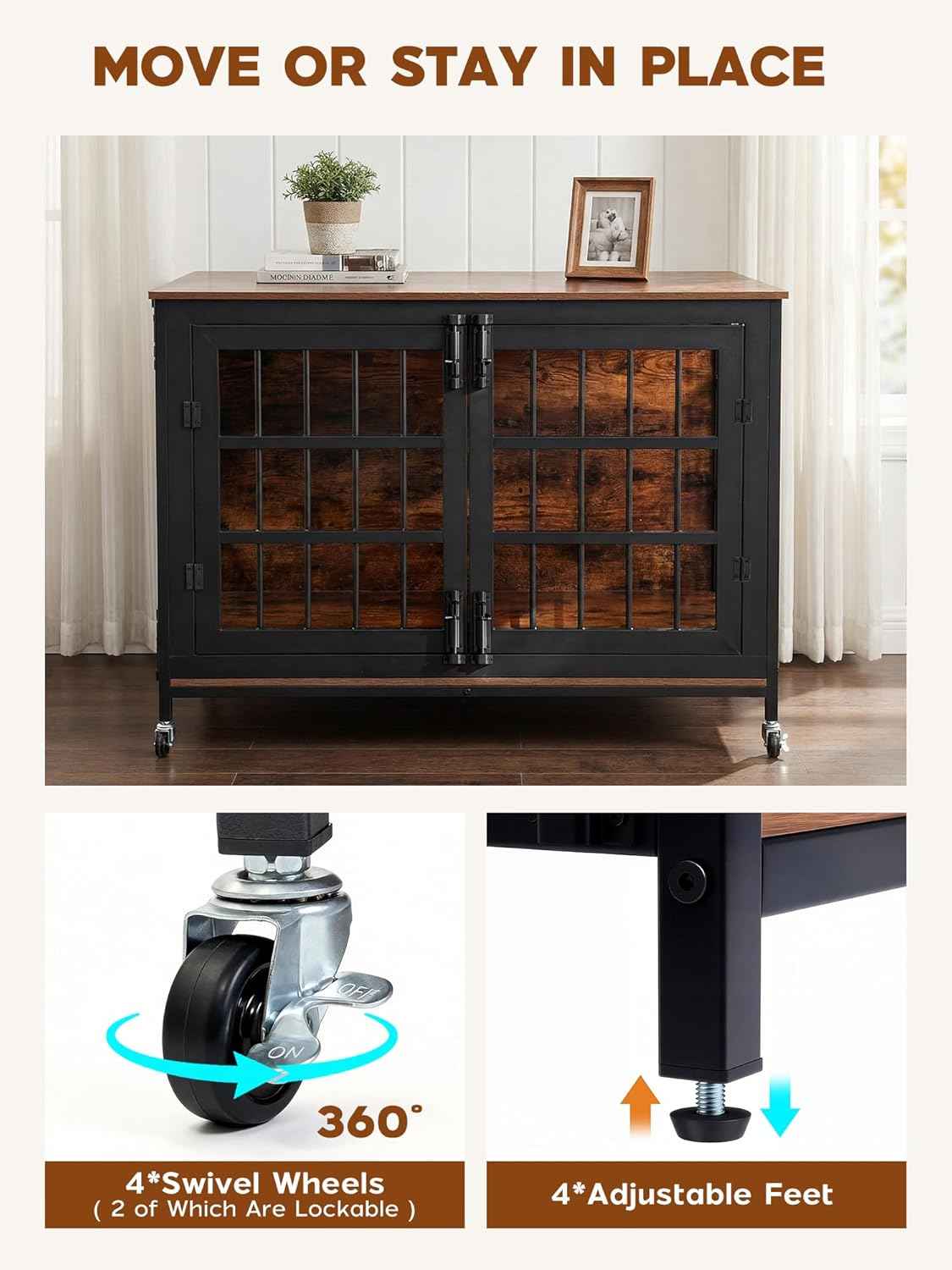 41 Inch Heavy Duty Dog Crate Furniture, Dog Kennel Furniture for Large and Medium Dogs, with Lockable Wheels & Adjustable Feet, Three-Door Metal&Wooden Cage House Furniture, Black
