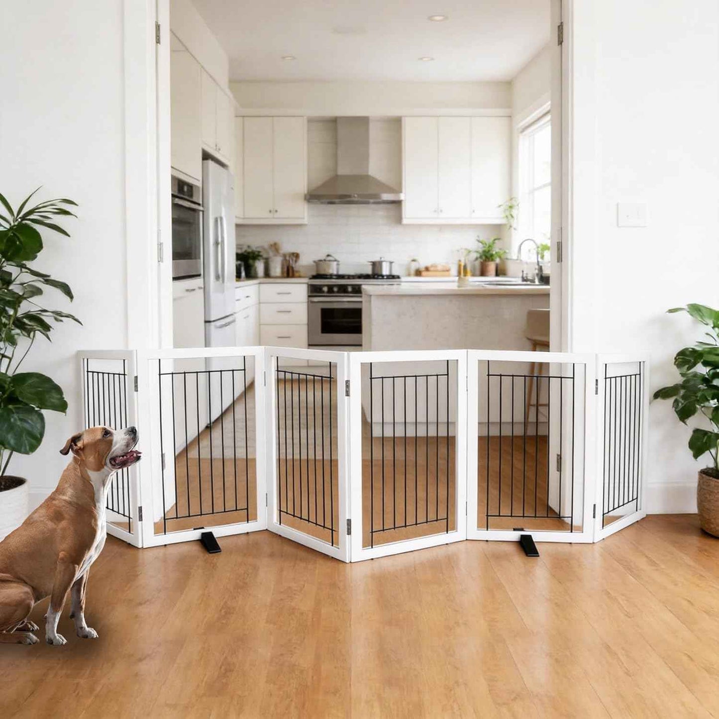 ZJSF Freestanding Dog Gate Indoor, Foldable Dog Fence for Doorways,Hallways or Stairs, Sturdy Wood Extra Wide Pet Gate with Support Feet,White,32 "Height-6 Panels
