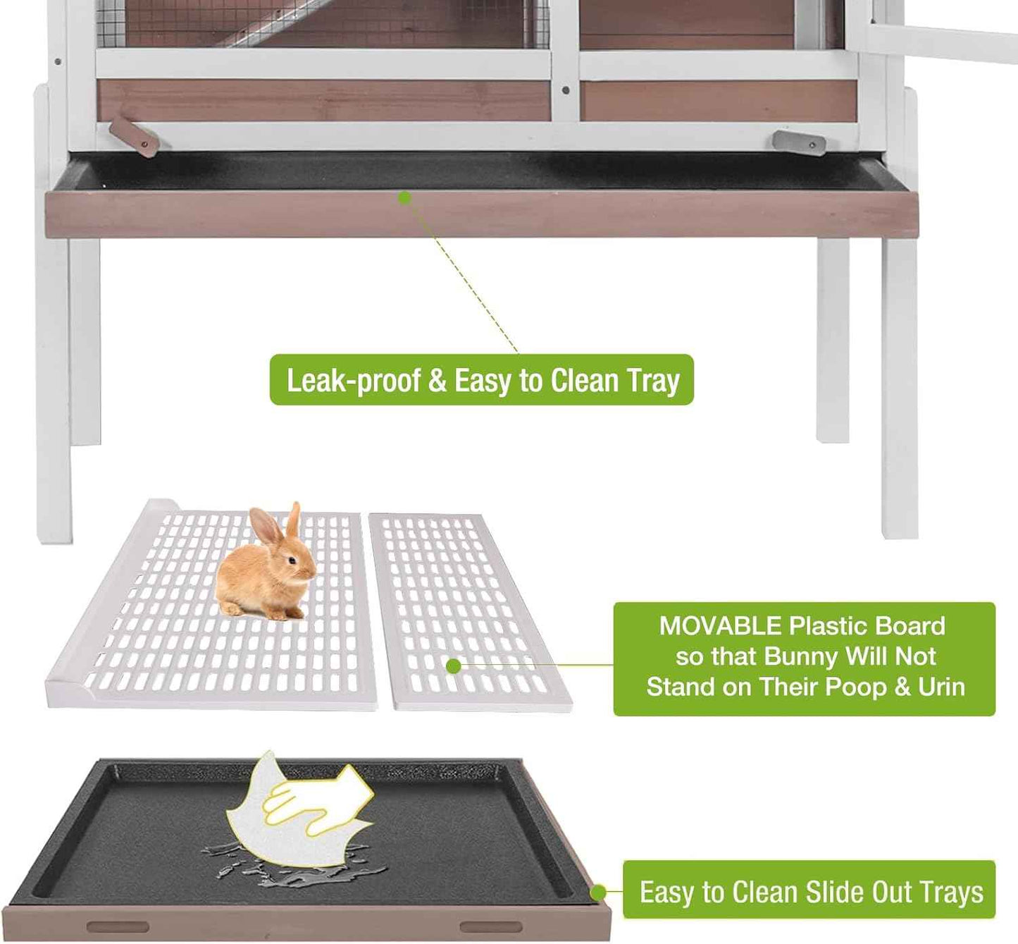 Wooden Guinea Pig Cages Indoor,Two-Story Wooden Rabbit Cage Hutch with Removable Stand and Pull Out Tray, Small Animals Cage Habitat with Ramp and Plastic Mesh(Brown&White)