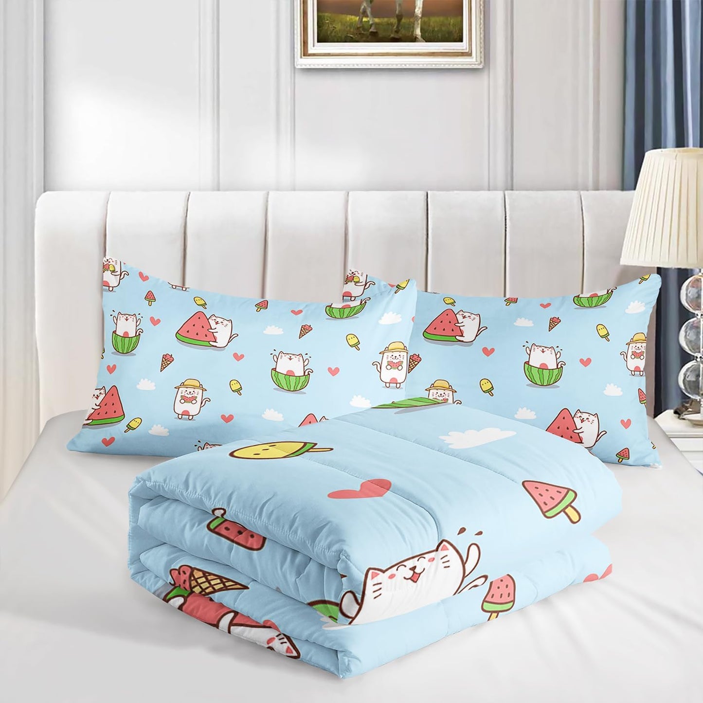 Kid Cartoon Cat Comforter 3Pcs Full Cute Kitten Ice-Cream Heart Bedding Kawaii Pet Cat Bedding Set for Teen Boy Girl Adult Cloud Watermelon Quilt Bed Decor with 1 Comforter and 2 Pillowcases