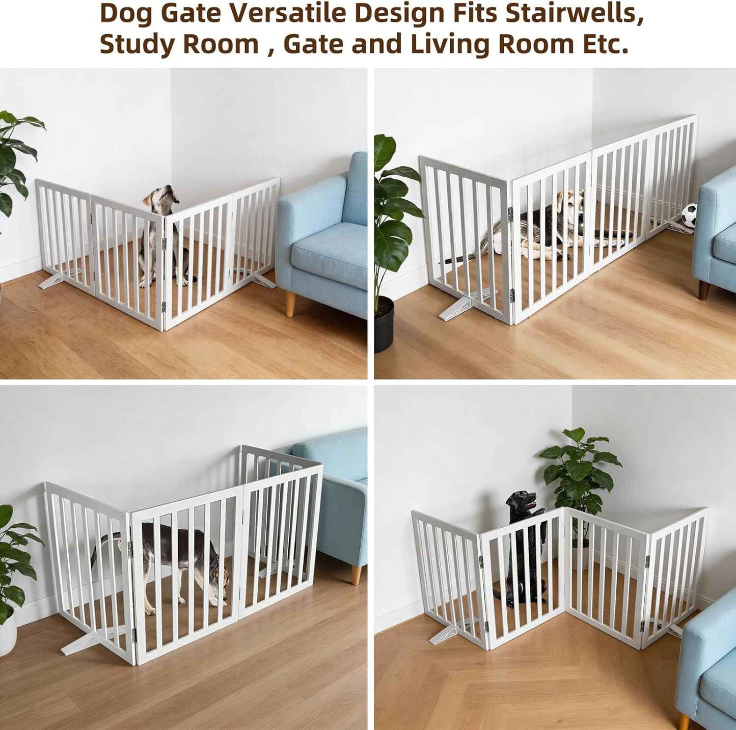 Dog Gate Indoor, Freestanding Dog Fence for The House, Doorways, Hallways,or Stairs,Pet Gate Foldable Wooden,Expandable 32" Height 4 Panels,White