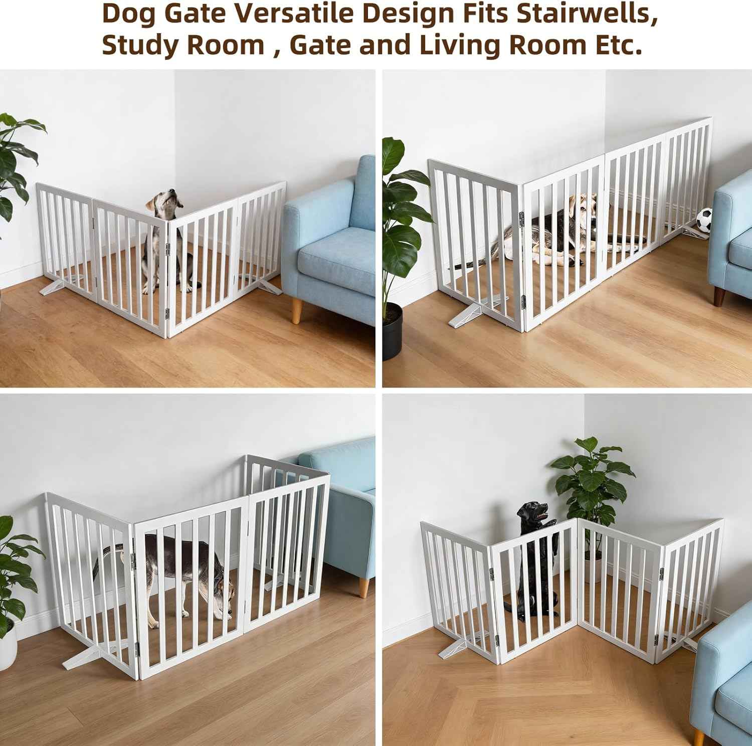 Dog Gate Indoor, Freestanding Dog Fence for The House, Doorways, Hallways,or Stairs,Pet Gate Foldable Wooden,Expandable 32" Height 4 Panels,White