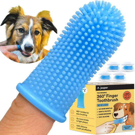 Jasper Dog Toothbrush, 360º Dog Tooth Brushing Kit, Cat Toothbrush, Dog Teeth Cleaning, Dog Finger Toothbrush, Dog Tooth Brush for Small & Large Pets, Dog Toothpaste Not Included, 4-Pack Blue