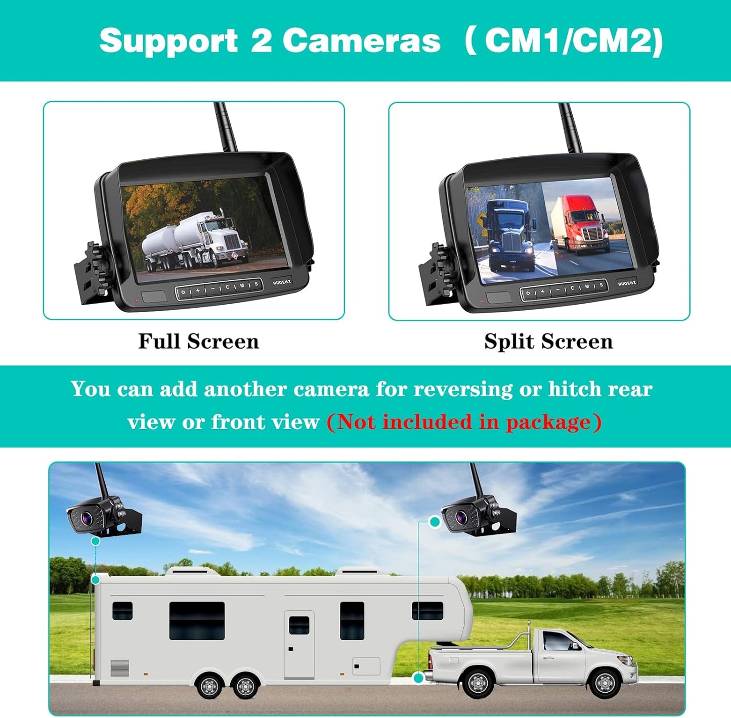 Nuoenx Wireless Backup Camera, 7 Inch Monitor Rear View Camera System for RV, Trailers, Trucks, 5th Wheels, Support 2 Cameras, IP69 Waterproof 18 LED IR Night Vision 152° View Camera, DIY Guide Lines