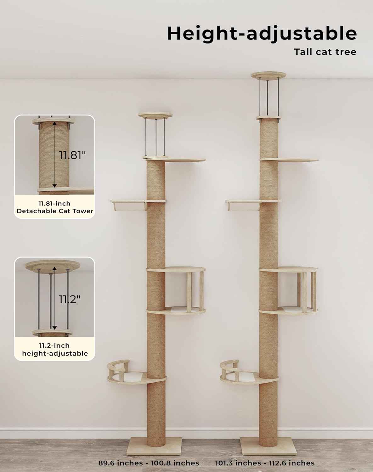 COZIWOW Floor to Ceiling Cat Tree, Tall Cat Tower with Lots of Scratching Posts, Designed for Large Cats, Indoor Cat Furniture Suitable for All Cat Sizes