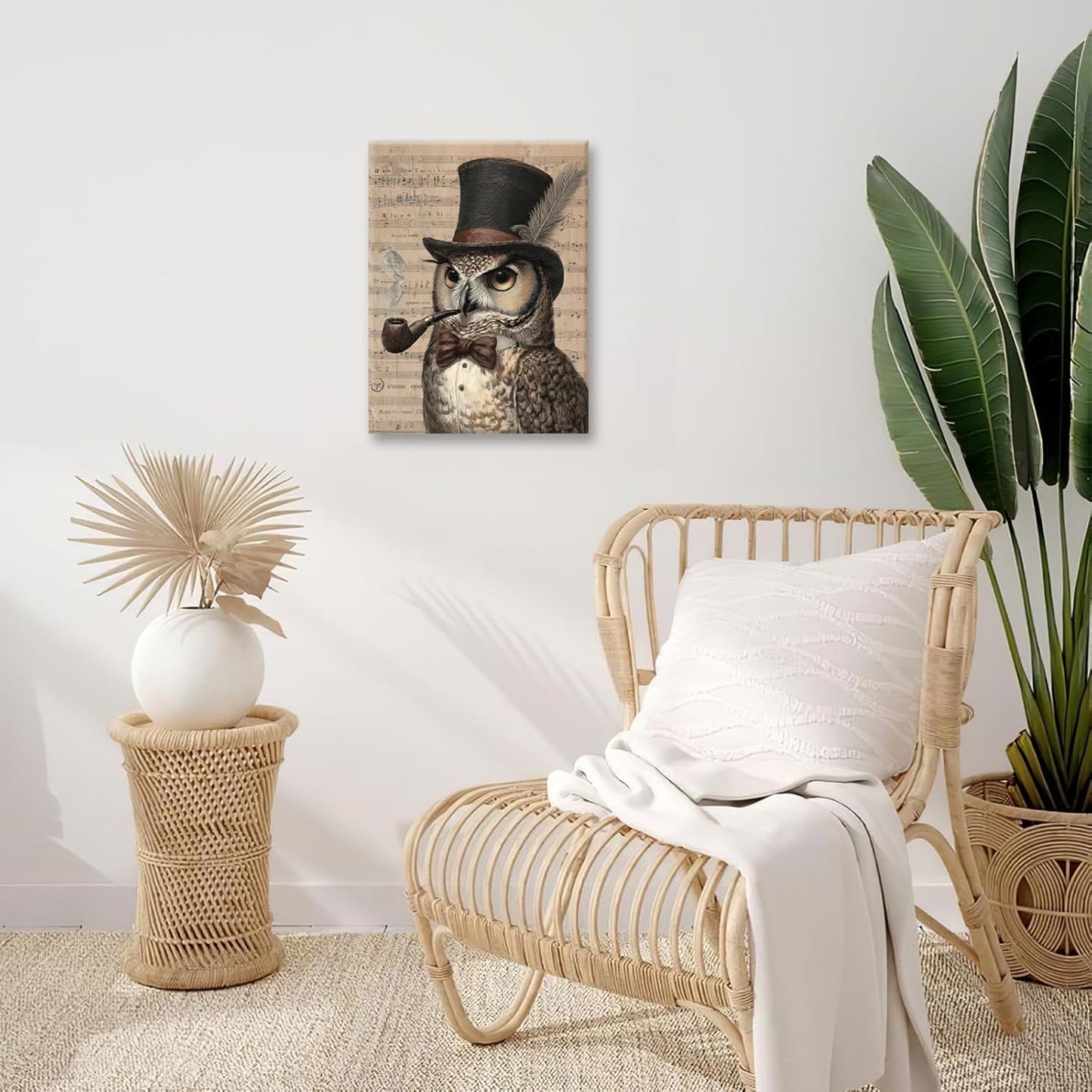 Owl Pictures Wall Art, Steampunk Owl Canvas Wall Decor, Rustic Framed Painting, Natural Landscape Artwork for Bathroom Living Room Bedroom 16L'' × 12W''
