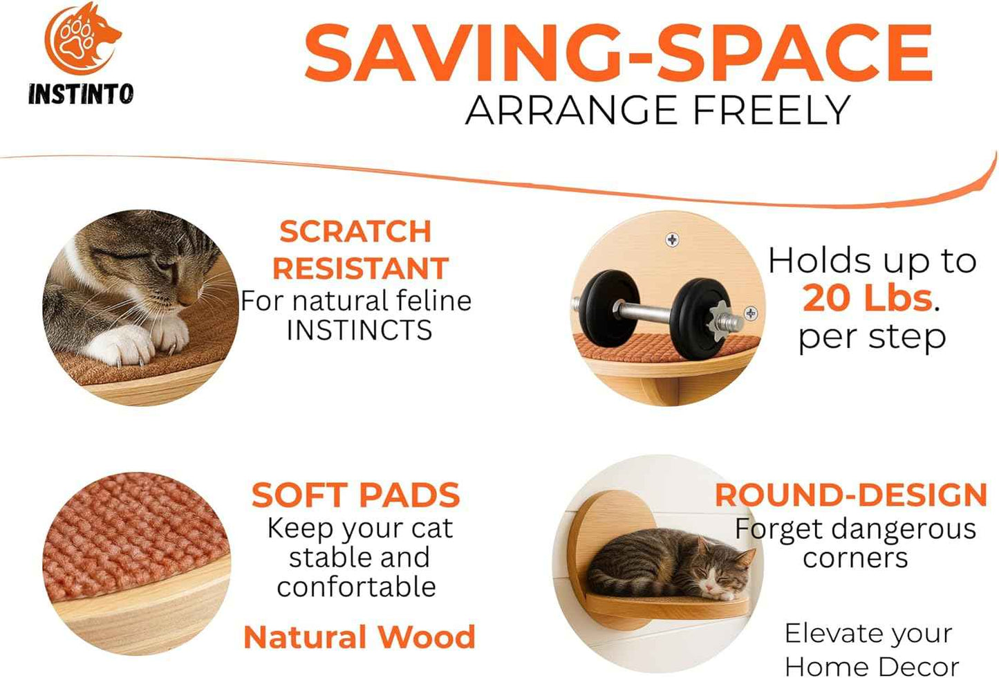 Cat Wall Shelves - Set of 4 Round Floating Wall Steps Scratch Pads, up to 20Lbs. Saving-Space Decorative Wall-Mounted Cat Furniture for Climbing, Playing & Resting - Solid Natural Wood by INSTINTO