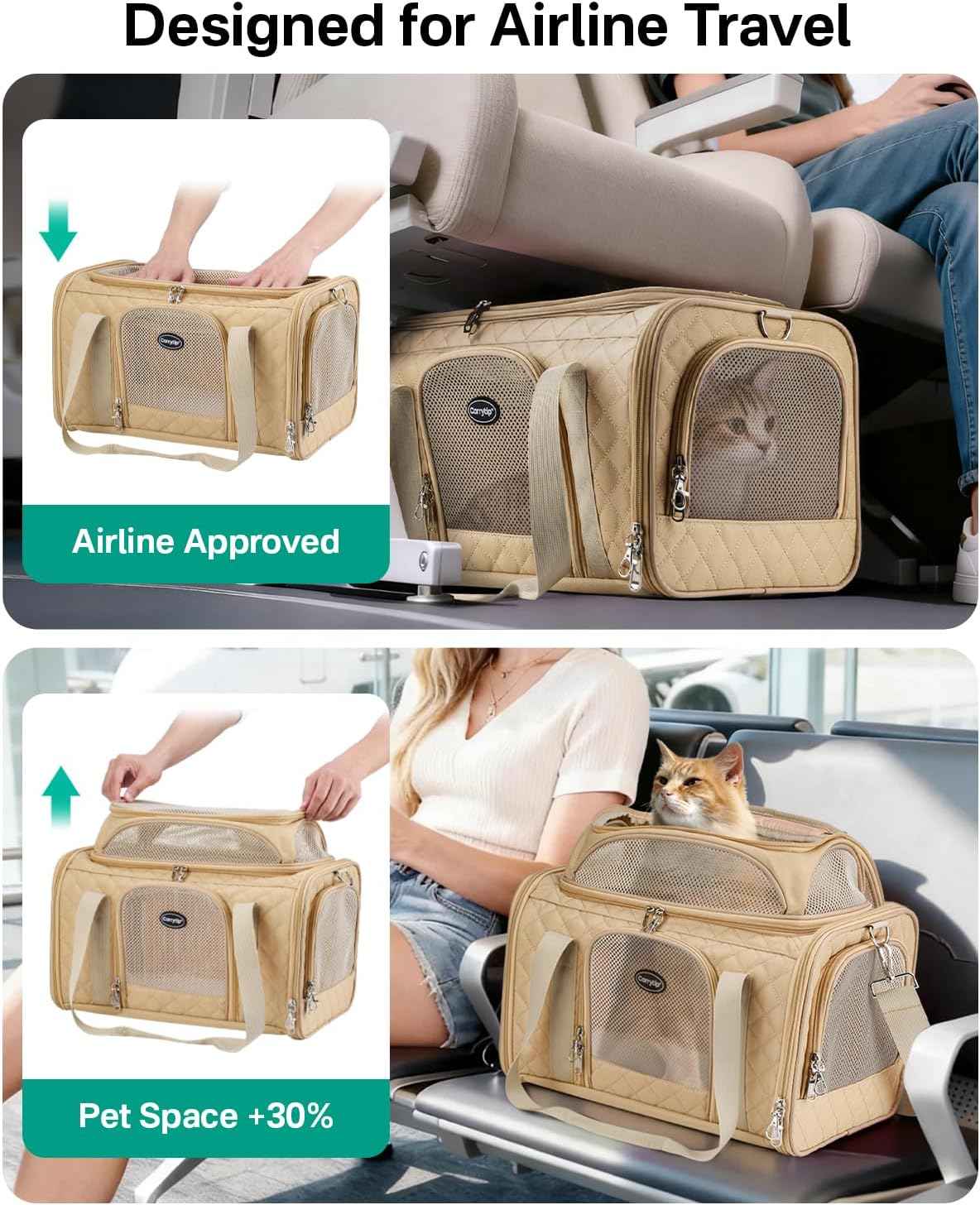 Cat Carrier Airline Approved 17x11x9.5 Inches, Top Expandable Soft Sided Pet Travel Carrier for Cats & Small Dogs, Fits Under Airline Seat with Locking Zippers, Brown