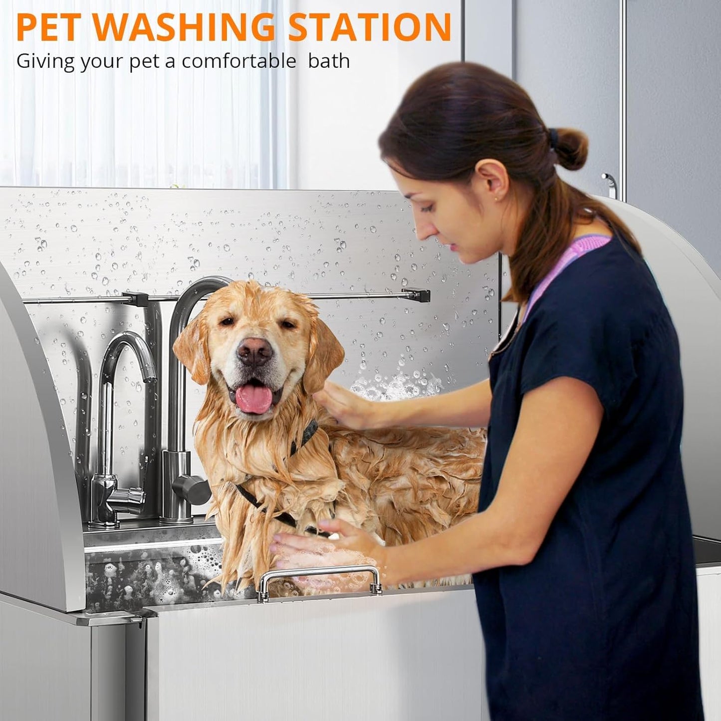 Professional Dog Washing Station,60" Stainless Steel Pet Grooming Tub w/Sliding Door, Non-Slip Steps,Faucet & Showerhead & Soap Holder Bathtub,for Medium & Small Dogs, Supports 250Lbs