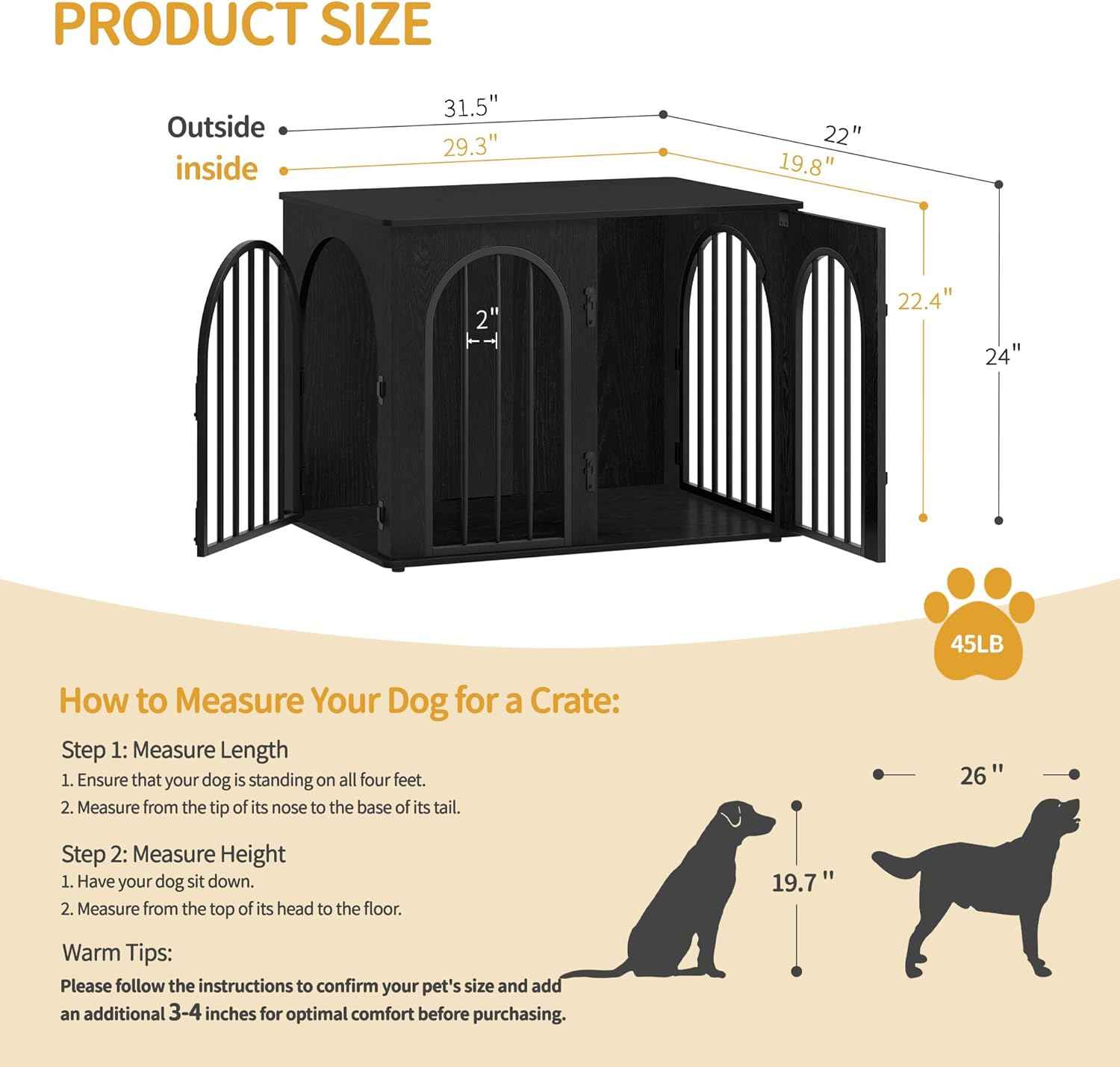Hzuaneri 31.5'' Wooden Dog Crate Furniture, Indoor Dog Kennel Dogs Cage for Small/Medium Dogs, Heavy Duty Dog Crates Decorative Pet House End Side Table TV Stand, Black DFC85104B