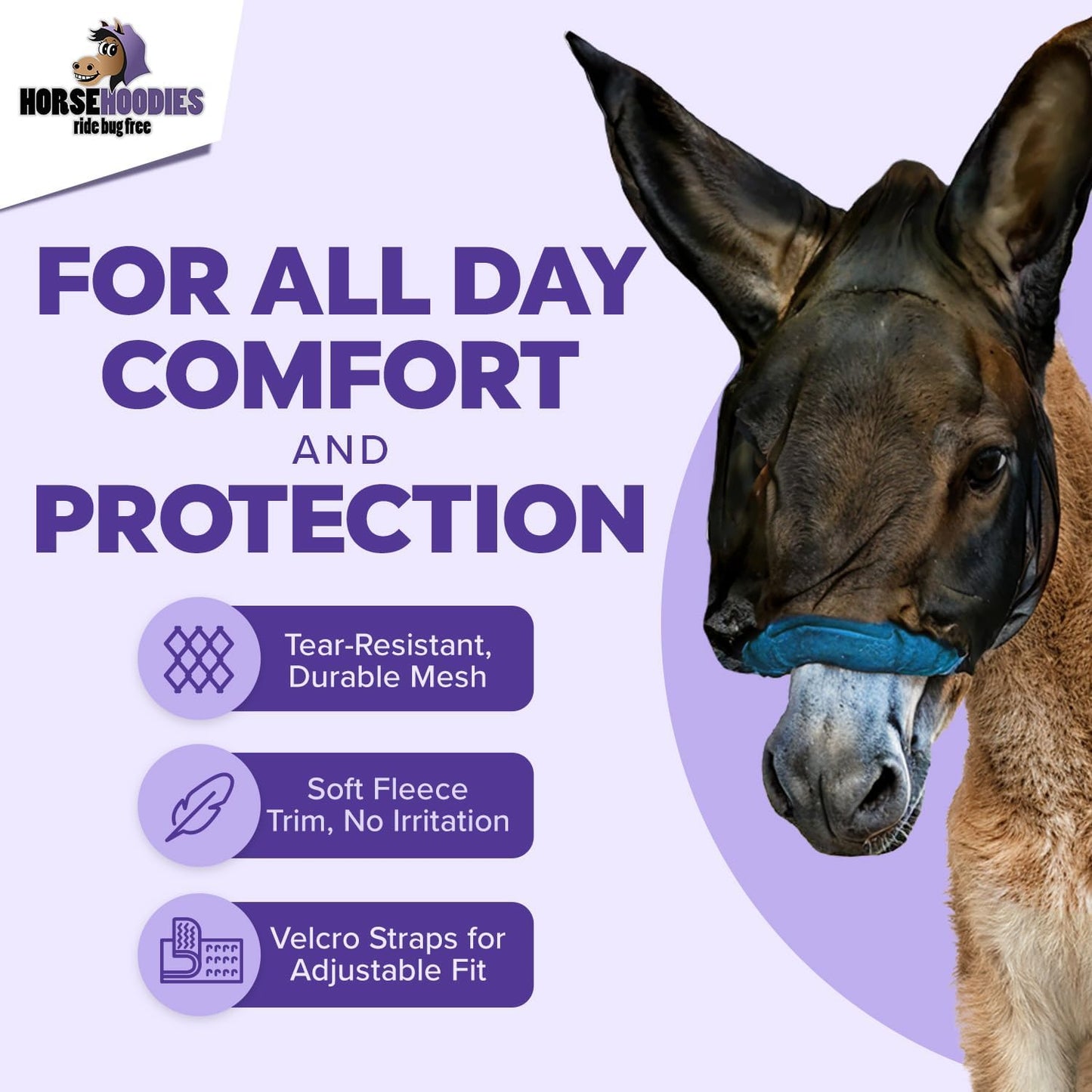 Donkey Fly Mask with Long Ears (Black) Made in USA - Mule Fly Mask with Ears Protection from Insects and Bugs, Mini Donkey Soft Mesh Fabric with Adjustable Fastener, Face Cover Supplies for Donkeys