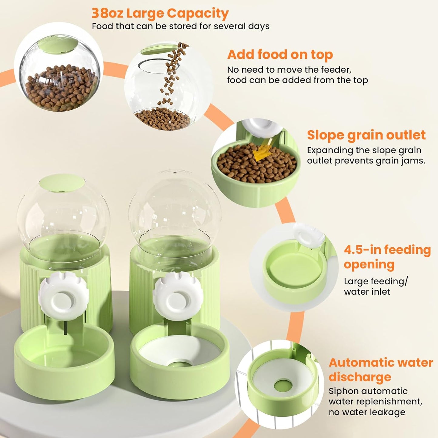 38oz Hanging Automatic Food Water Dispenser, Large Capacity Gravity Rabbit Water Dispenser and Feeder Set, for Bunny Guinea Pig Chinchilla Ferret Cage Accessories (Green)