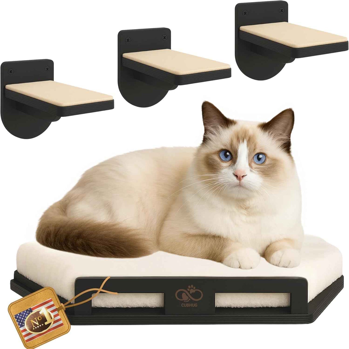 Cat Wall Shelves for Cats & Kitten up to 25 lb – Solid Wood Cozy Corner Bed + Cushion with 2 Washable Covers + 3 Wooden Steps, Safe Haven for Indoor Cats, Cat Shelves for Wall, Black
