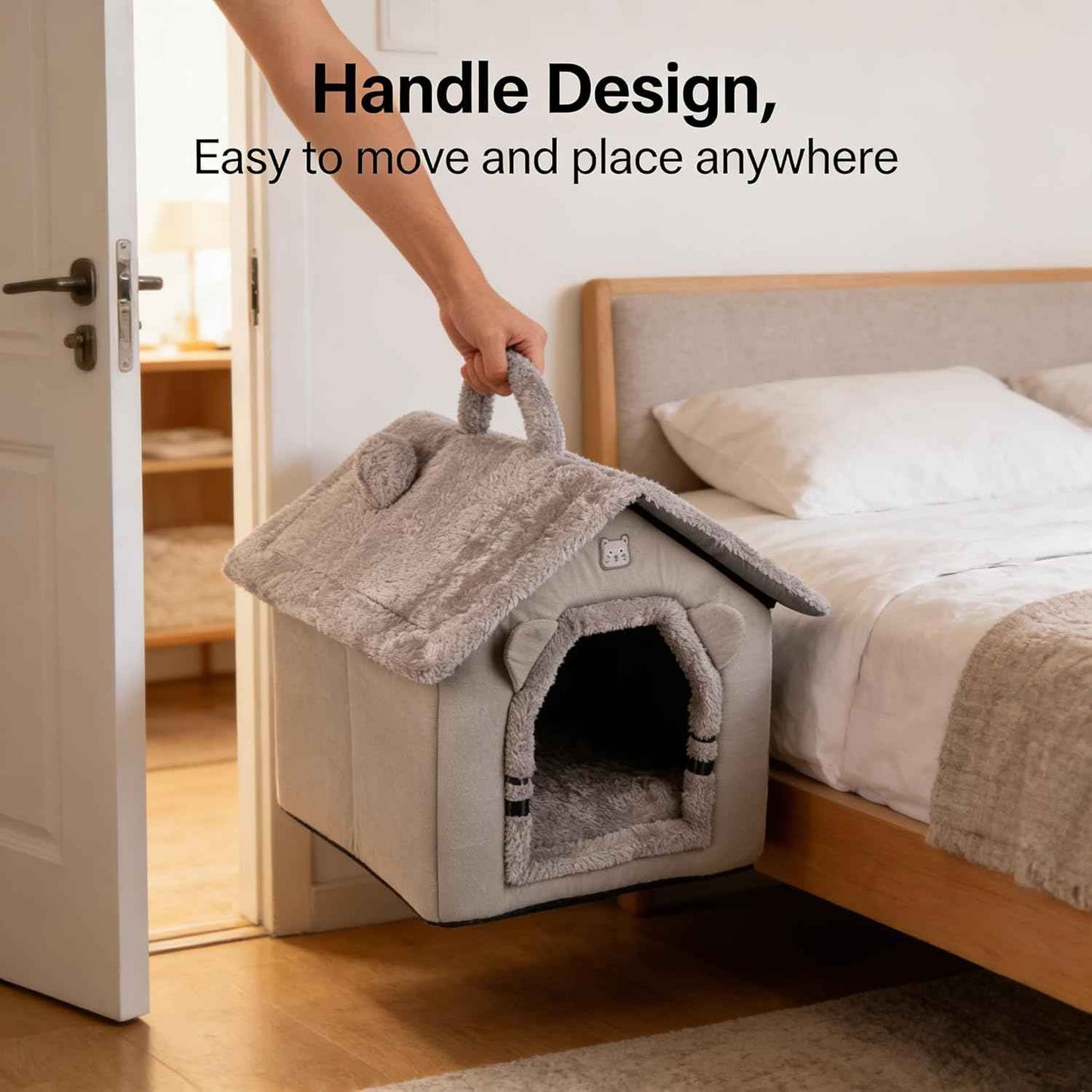 Cat Bed for Indoor Cats, Cartoon Pattern Cat Cave Bed with Handle Design, Soft Cat Hideaway Indoor, Lovely Cat House for Kitten, Puppy & Small Pets (M)
