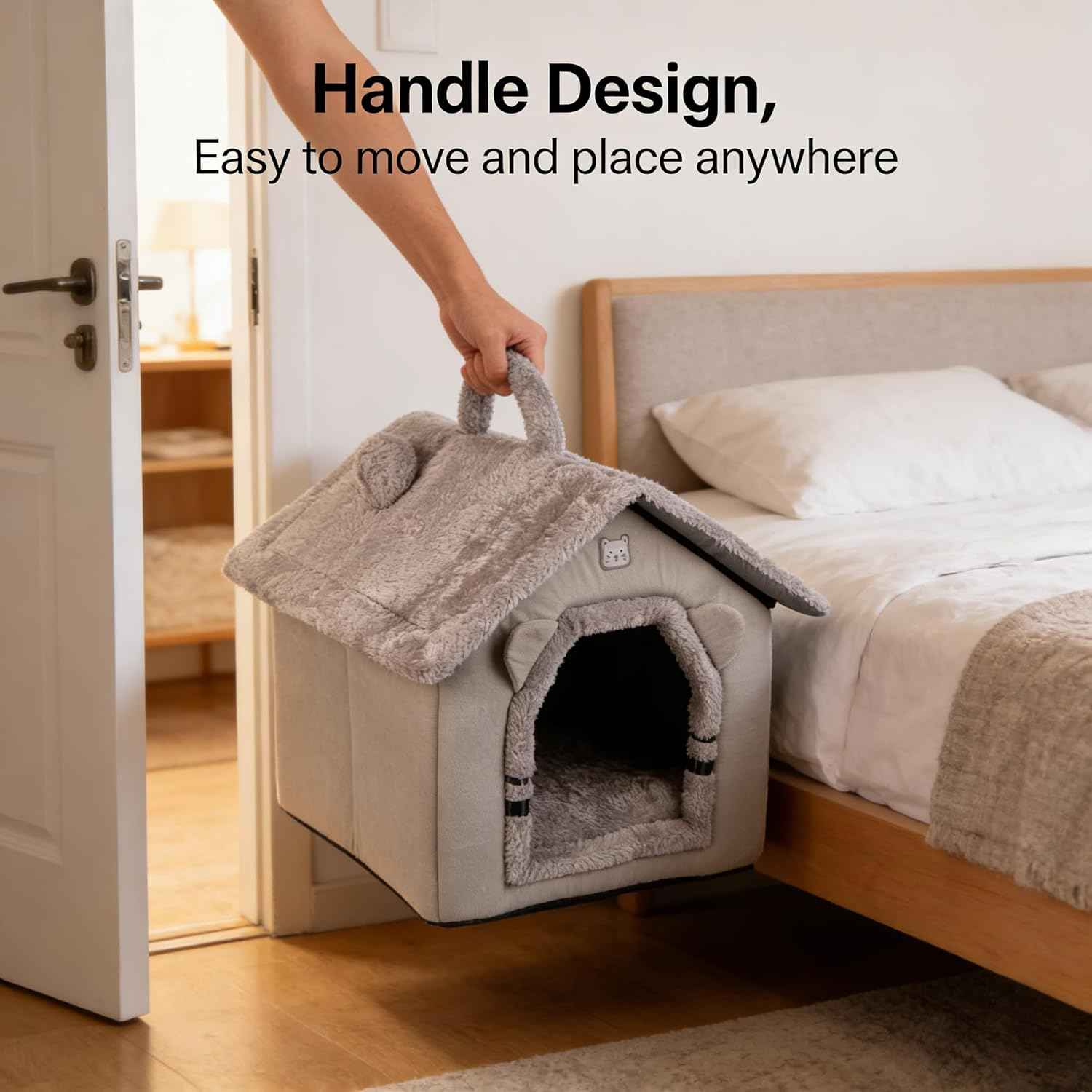 Cat Bed for Indoor Cats, Cartoon Pattern Cat Cave Bed with Handle Design, Soft Cat Hideaway Indoor, Lovely Cat House for Kitten, Puppy & Small Pets (M)