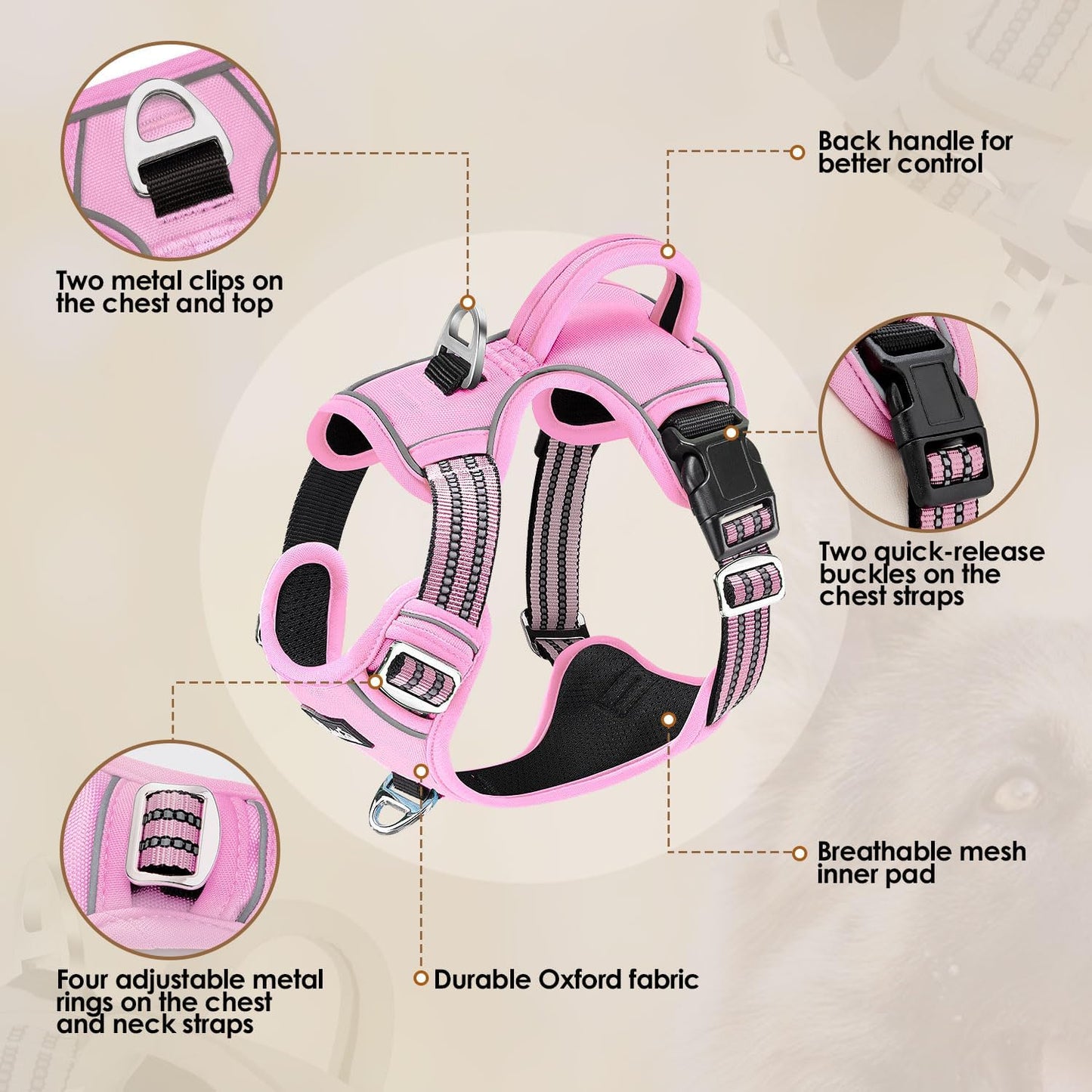 SlowTon No Pull Dog Harness, No Choke Pet Harness with 2 Leash Clips and Easy Control Vertical Handle, Adjustable Soft Padded Dog Vest for Small, Medium and Large Dogs (Pink, Medium)