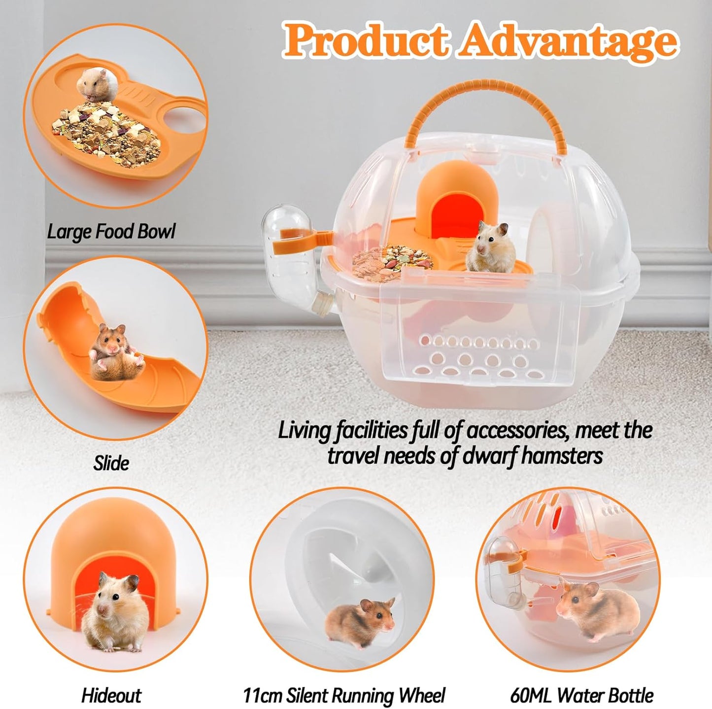 Hamster Transport Carrier,2 Tiers Dwarf Hamster Cage Carrier Breathable Small Animal Travel Carry Case with Silent Exercise Wheels Water Bottle Food Dish for Mice Rat(Orange)