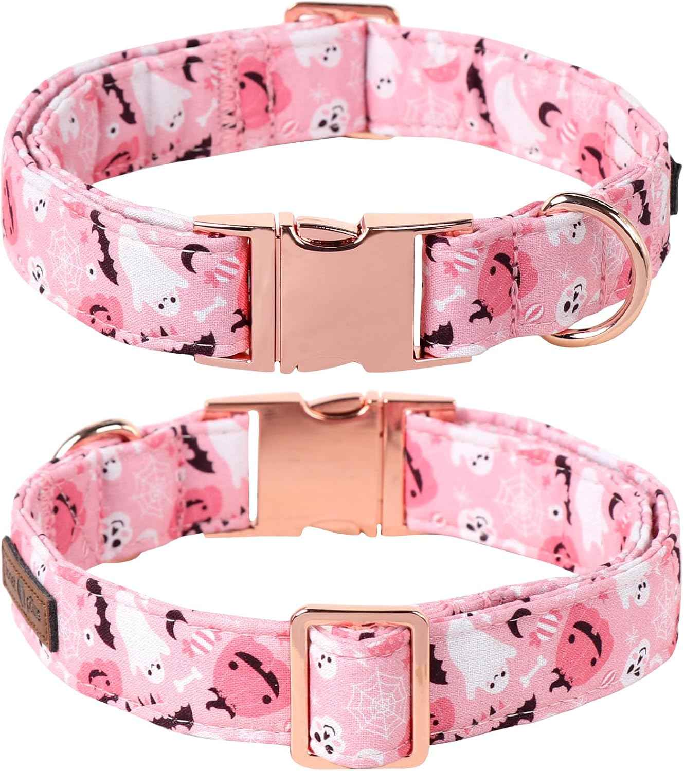 Lionet Paws Halloween Dog Collar with Flower, Cute Fall Pink Adjustable Cotton Pumpkin Ghost Pet Collar for Small Dogs