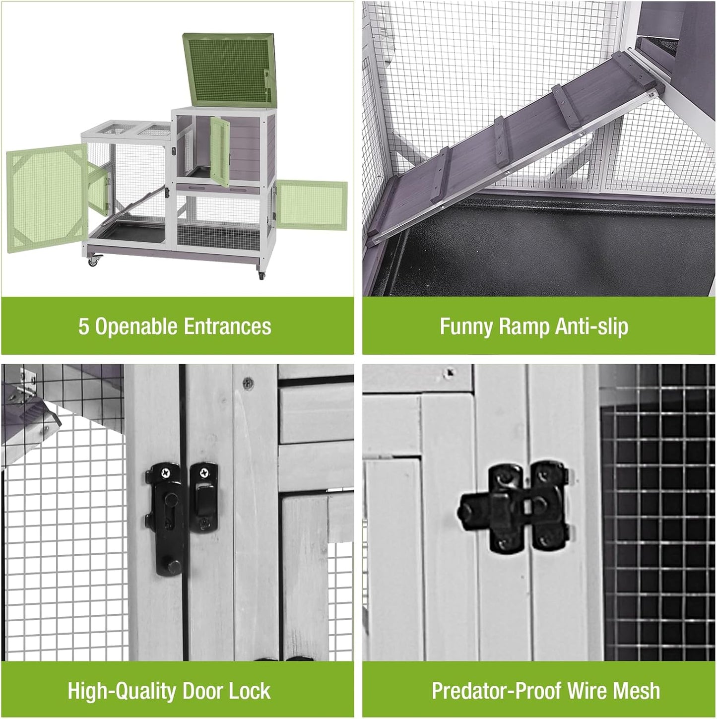 2-Story Rabbit Hutch Indoor Bunny Cage Outdoor Guinea Pig House with Chew-Proof Ramp, Leak-Proof Tray, Lockable Wheels for Rabbits, Guinea Pigs, Small Animals (Grey)
