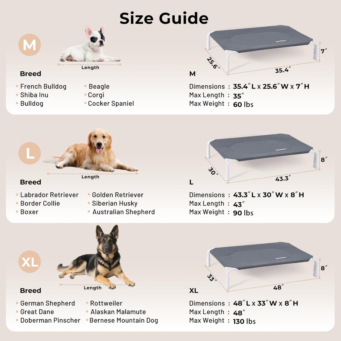 ZOMISIA XL Elevated Dog Cot Bed Tool-Free Assembly - Outdoor Raised Dog Cooling Bed Frame for Large Pets, Summer Pet Hammock Off Ground with Non-Slip Feet & Waterproof Teslin Mesh, 48x33 Inch