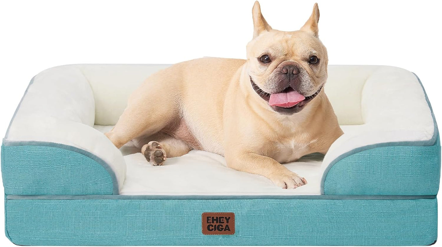 EHEYCIGA Orthopedic Dog Bed for Small Dogs, Waterproof Memory Foam Small Dog Beds with Sides, Non-Slip Bottom and Egg-Crate Foam Medium Pet Couch Bed with Washable Removable Cover, Turquoise Blue