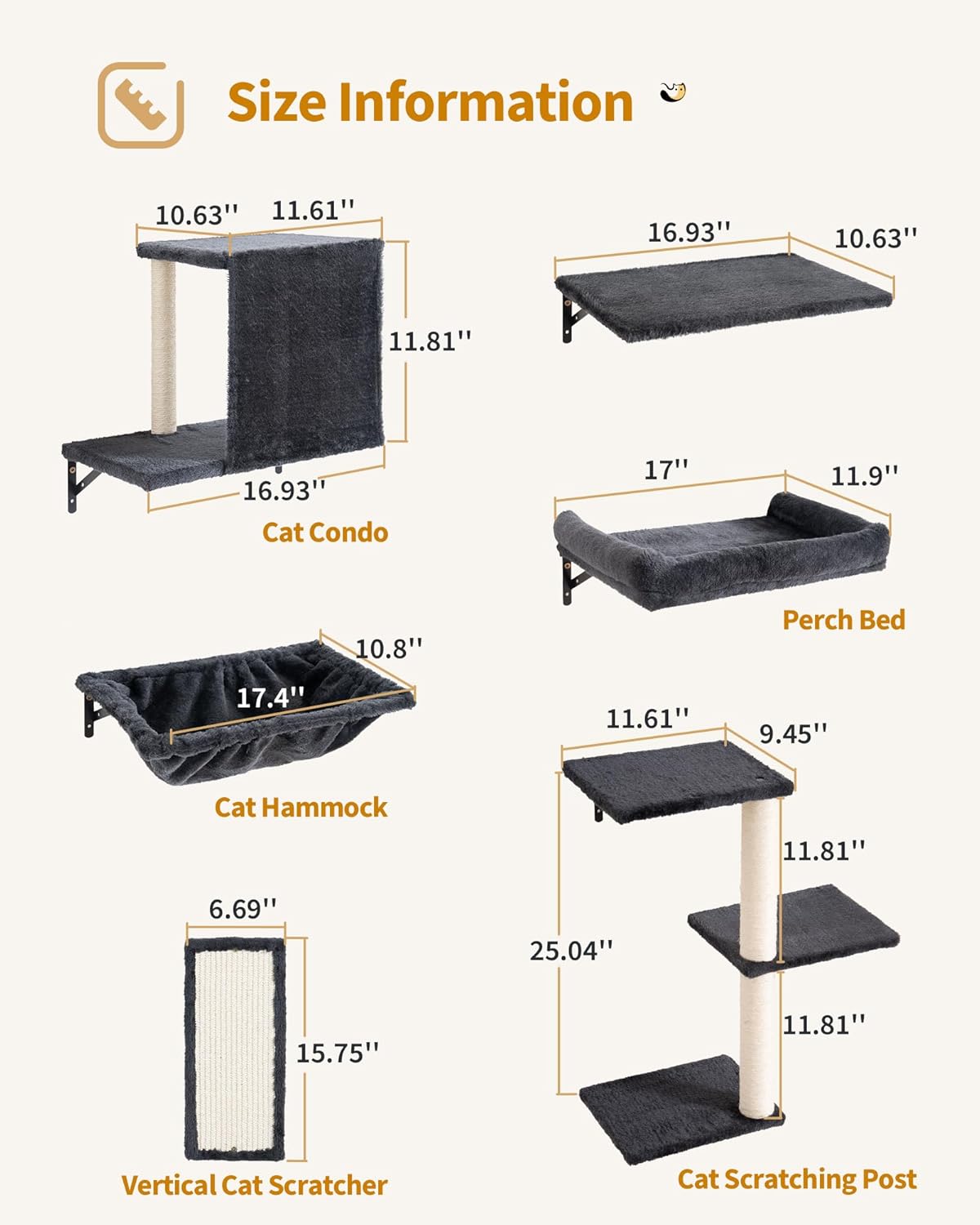 Aechonow Heavy Duty Cat Wall Shelves for Large Cats, 6-in-1 Cat Furniture Set with 17" × 11.9" Large Perch Bed and Hammock, Cat Climbing Wall Systems with Vertical Cat Scratcher