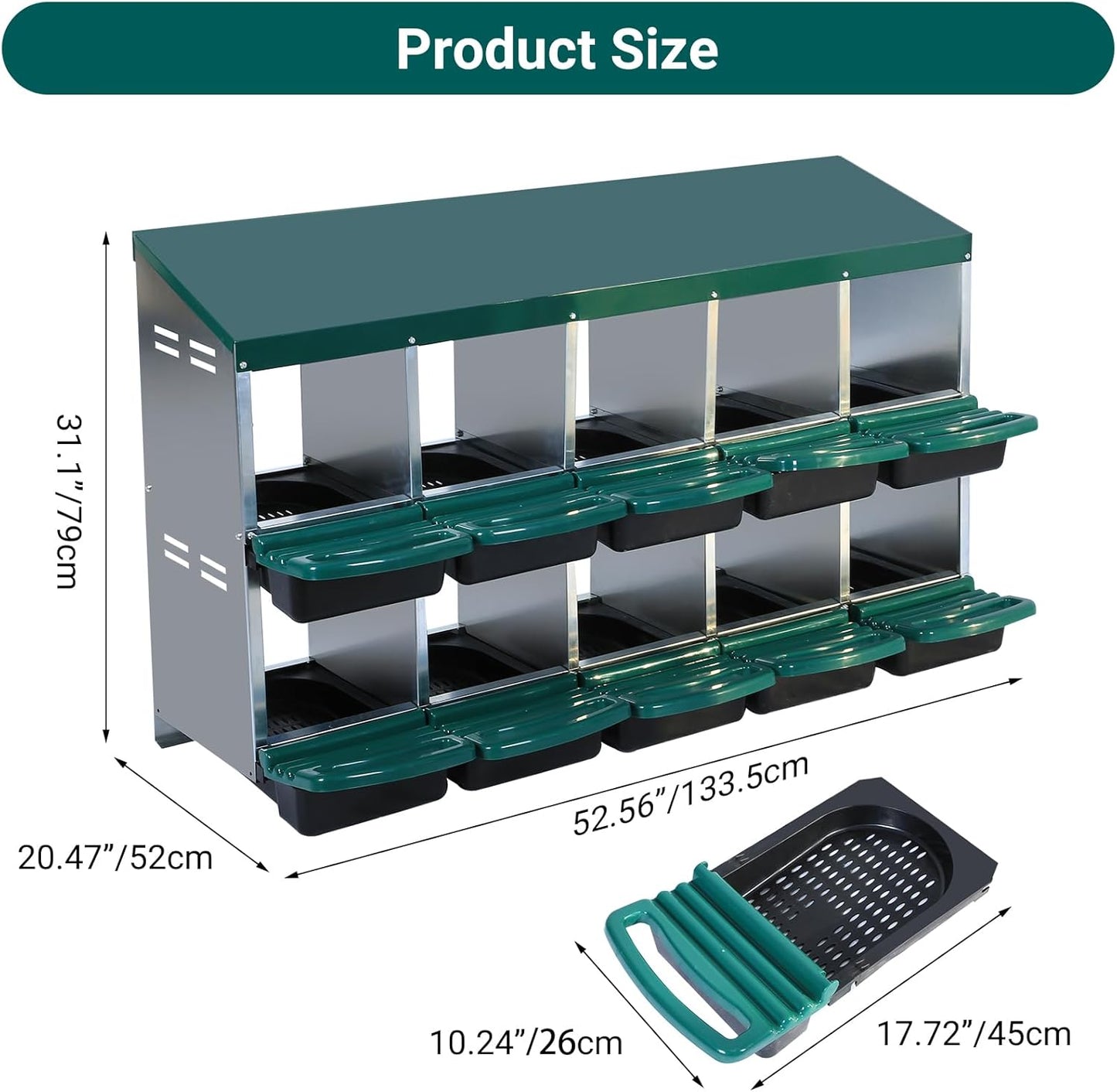 Garvee Chicken Nesting Boxes, 10 Hole Metal Chicken Laying Box with Removable Trays and Roll Out Egg Collection for Chicken Coop, Green