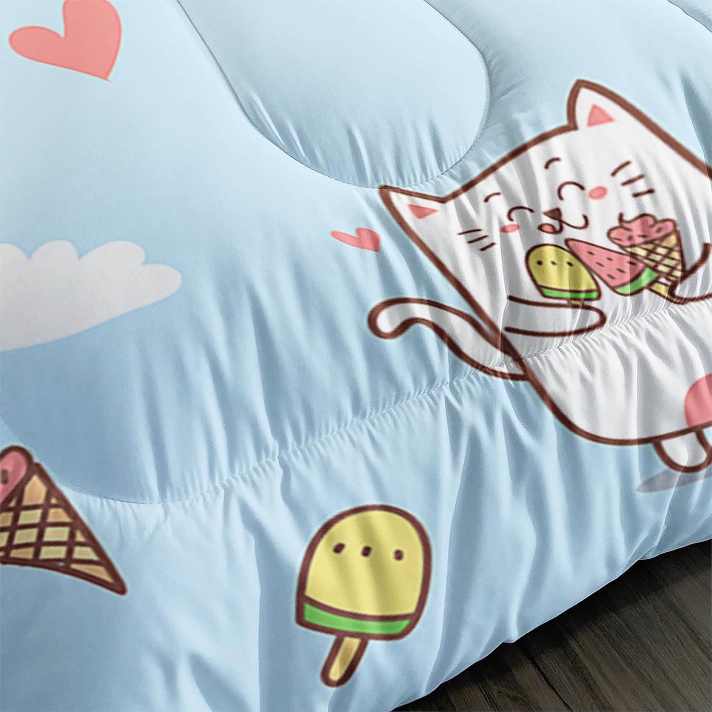 Kid Cartoon Cat Comforter 3Pcs Full Cute Kitten Ice-Cream Heart Bedding Kawaii Pet Cat Bedding Set for Teen Boy Girl Adult Cloud Watermelon Quilt Bed Decor with 1 Comforter and 2 Pillowcases
