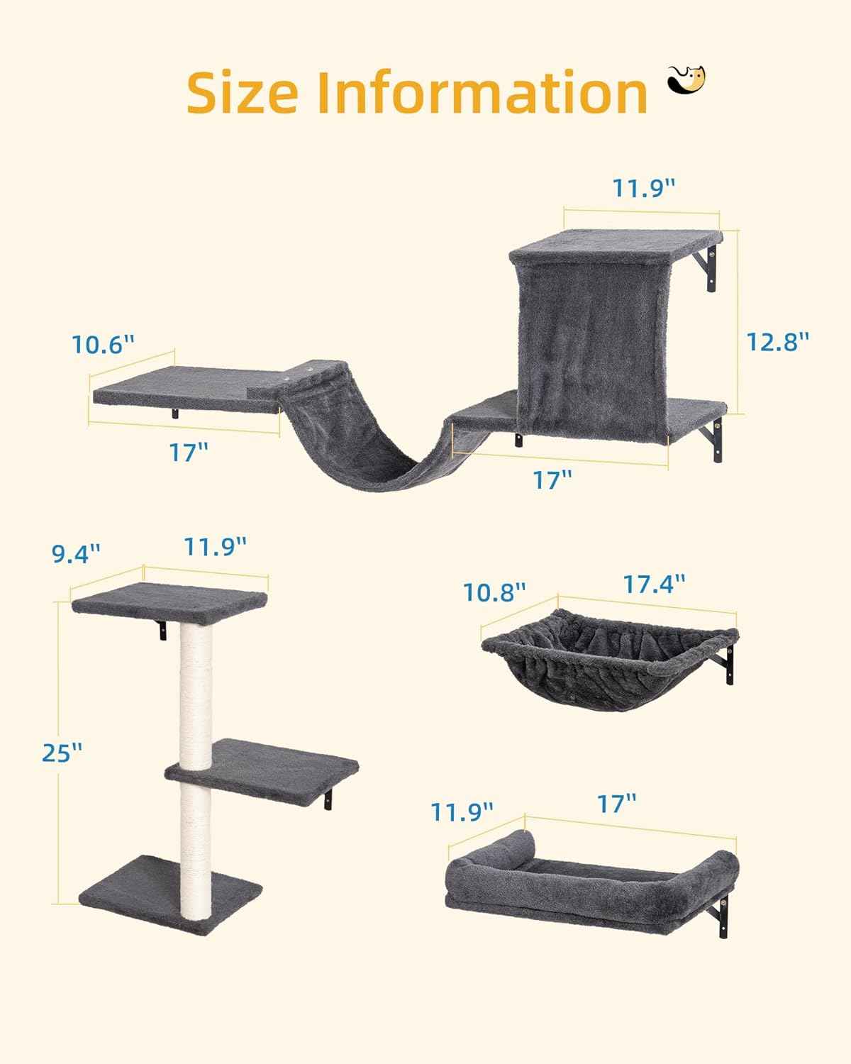 Aechonow Heavy Duty Cat Wall Shelves for Indoor Cats Large Adult, 17'' Large Hammock and Perch Bed for Wall, 5-in-1 Wall-Mounted Cat Climbing Set for Multi-Room Use