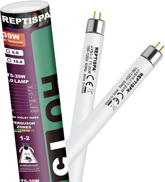 10.0 UVB Light for Reptiles, T5 HO 39 Watt Reptile Lamp Tube, Pack of 2 Fluorescent UVB Bulb, Basking Light for Bearded Dragon, Simulate Natural Sunlight for Reptiles and Amphibians